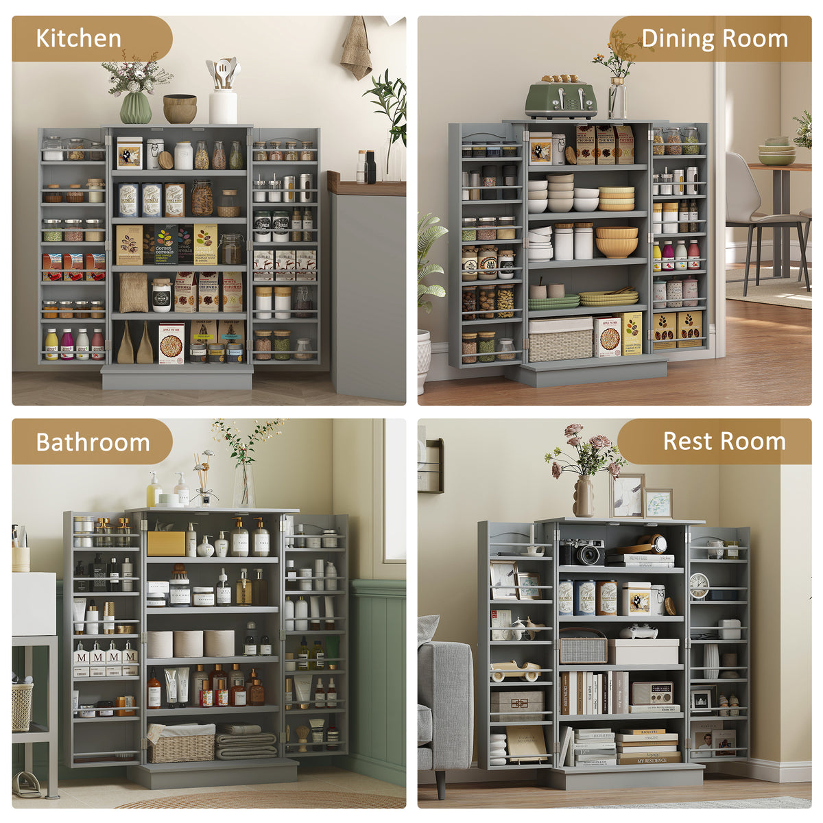 41" Kitchen Pantry Storage Cabinet - Grey 2-Door 5-Tier-Home Furnishings > Storage & Organization > Kitchen Pantry Cabinets-DECOROLALA