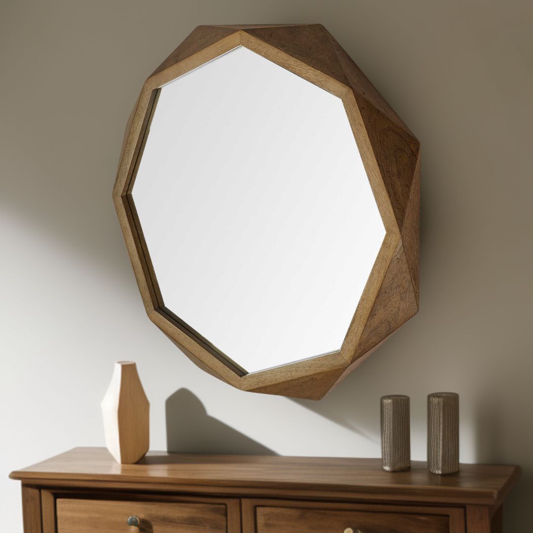 41" Octagon Brown Wood Frame Wall Mirror-Mirrors-DECOROLALA