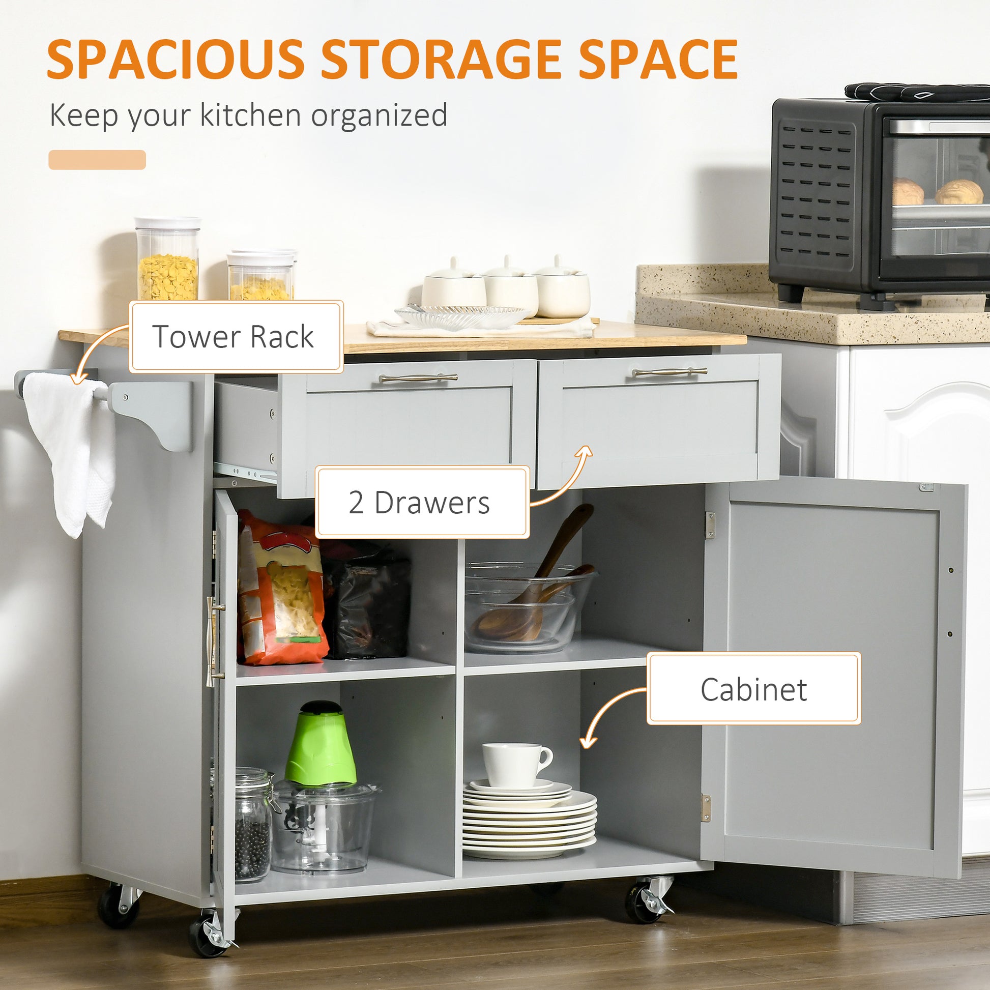 41" Rolling Kitchen Island with Solid Wood Top - Grey-DECOROLALA