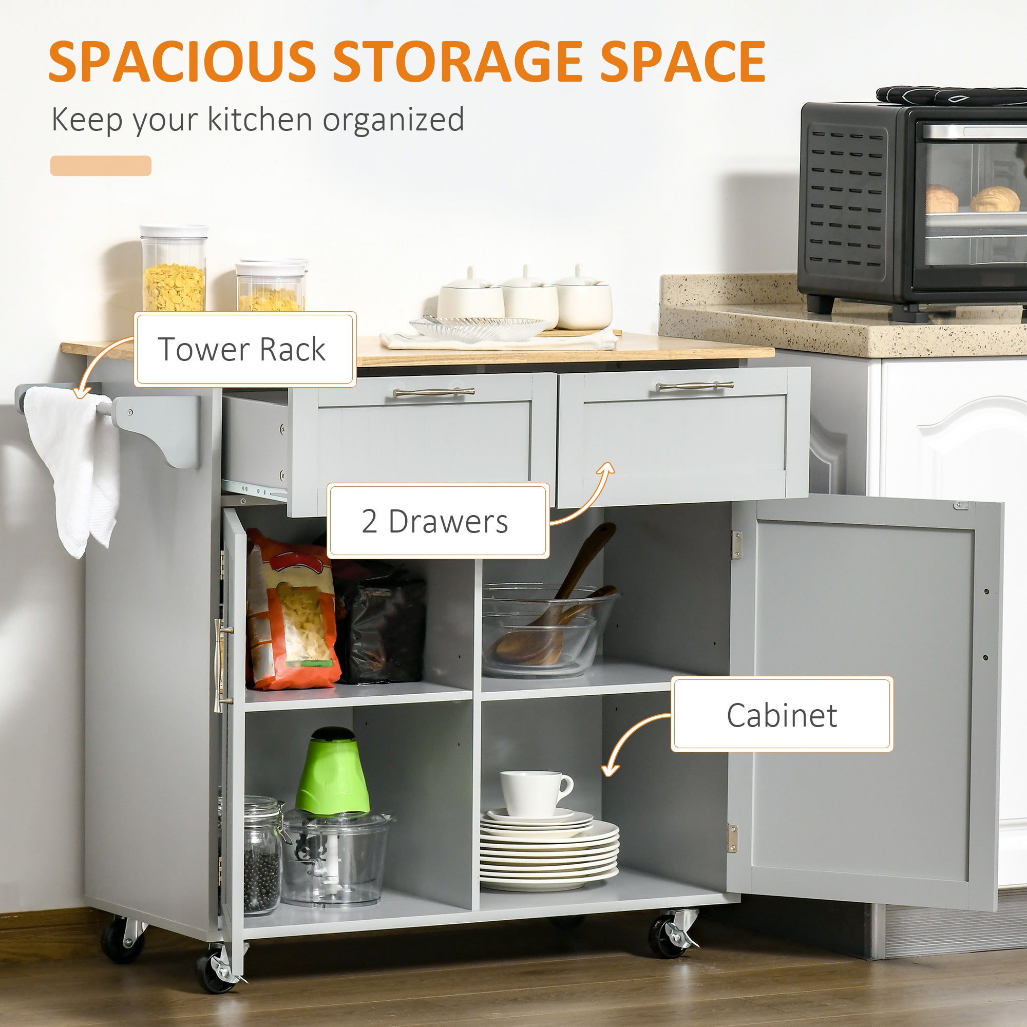 41" Rolling Kitchen Island with Solid Wood Top - Grey-DECOROLALA