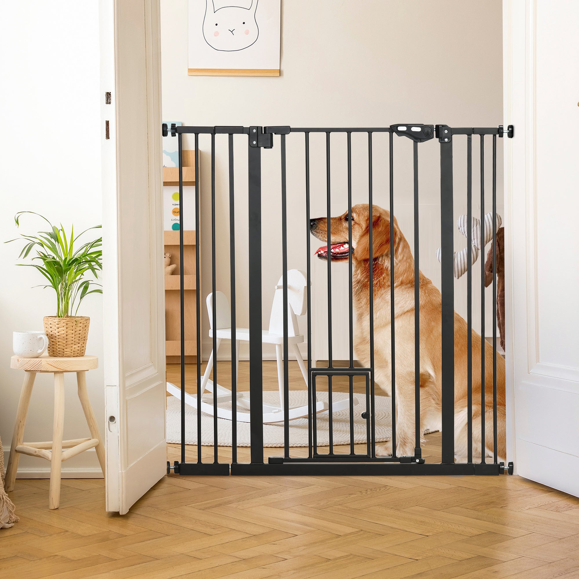 41" Steel Indoor Dog Gate with Small Cat Door - Black-Dogs-DECOROLALA