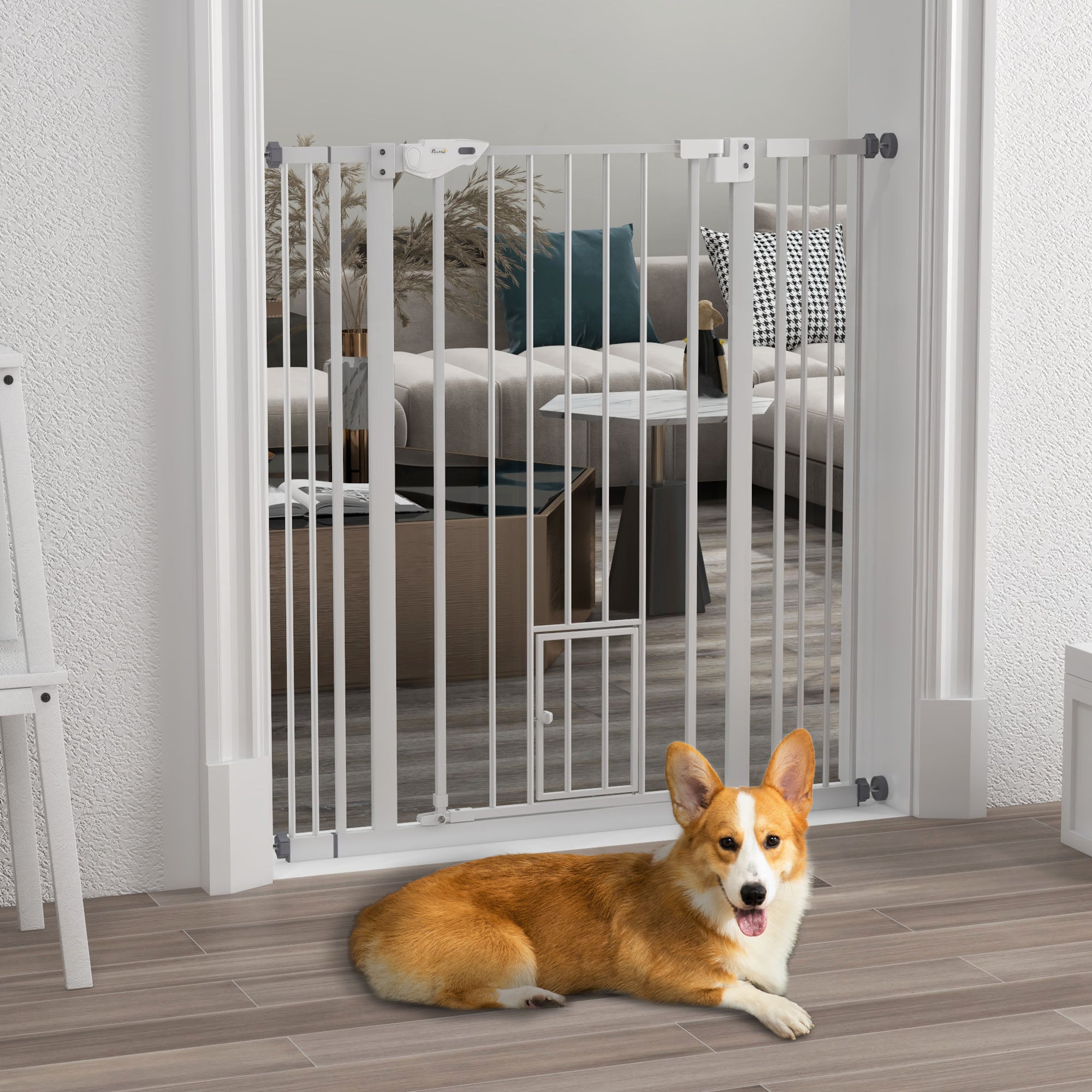 41" Steel Indoor Dog Gate with Small Cat Door - White-Dogs-DECOROLALA