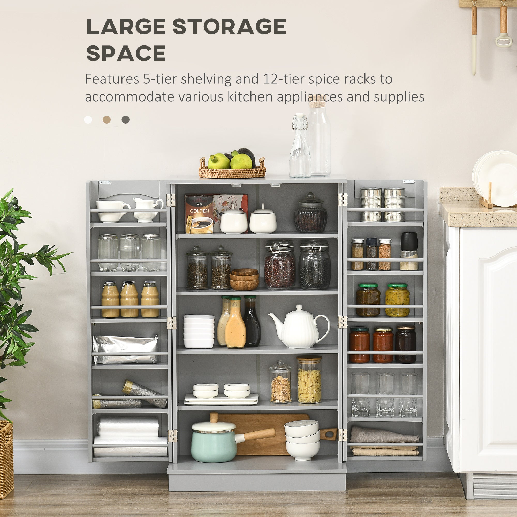 41" Storage Cabinet, 2-Door Kitchen Pantry Cabinet with 5-tier Shelving, 12 Spice Racks and Adjustable Shelves, Grey-Home Furnishings > Storage & Organization > Kitchen Pantry Cabinets-DECOROLALA