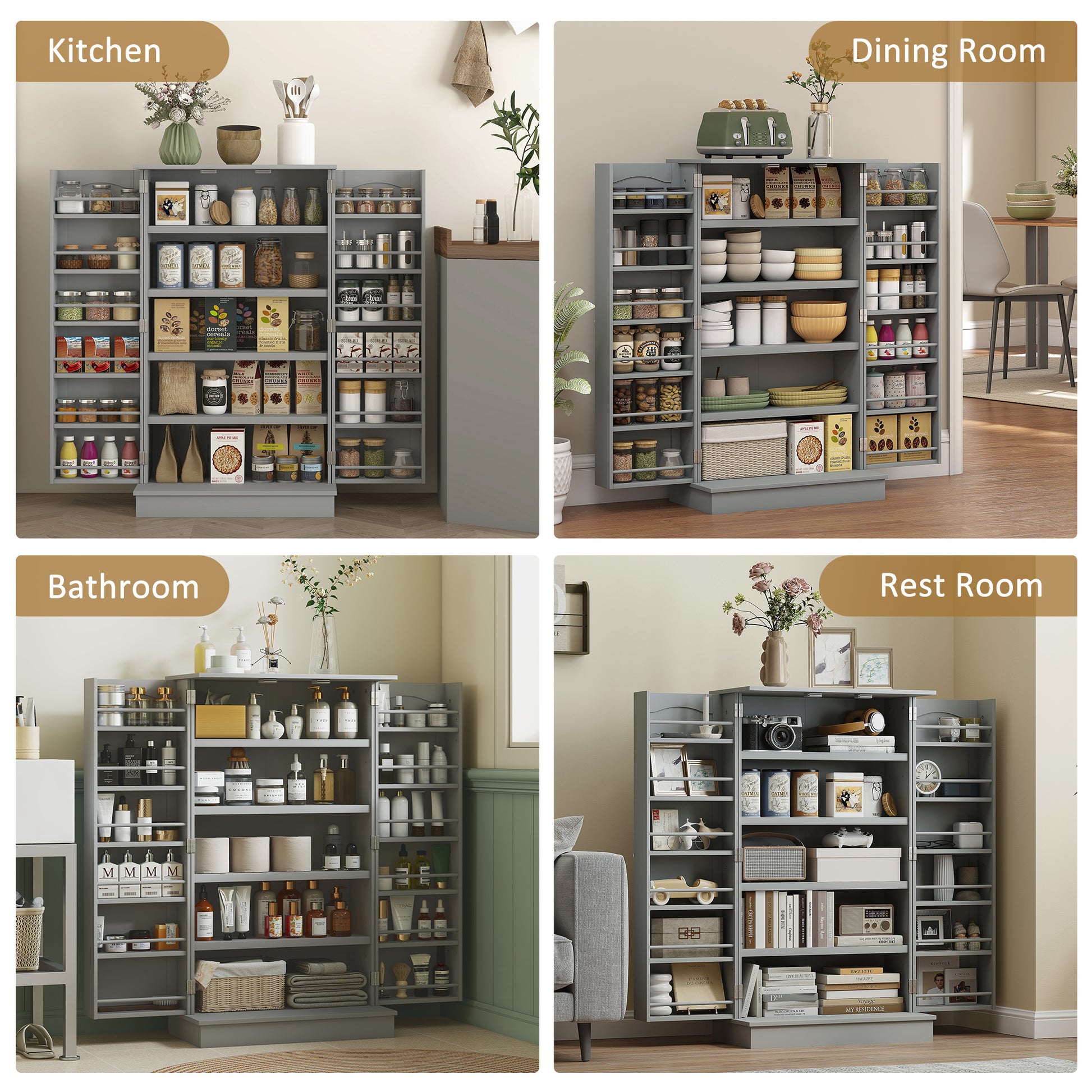 41" Storage Cabinet, 2-Door Kitchen Pantry Cabinet with 5-tier Shelving, 12 Spice Racks and Adjustable Shelves, Grey-Home Furnishings > Storage & Organization > Kitchen Pantry Cabinets-DECOROLALA
