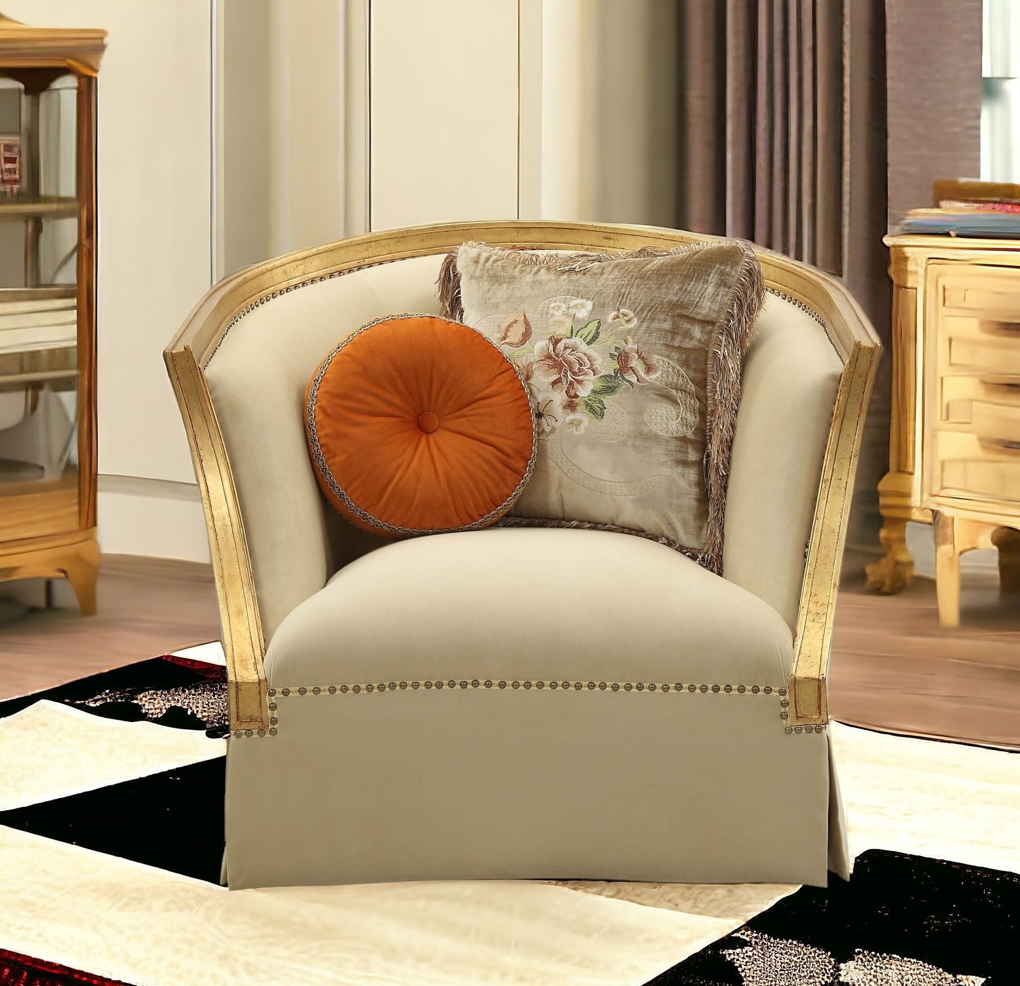 41" Tan and Gold Distressed Club Chair And Toss Pillows-Accent Chairs-DECOROLALA