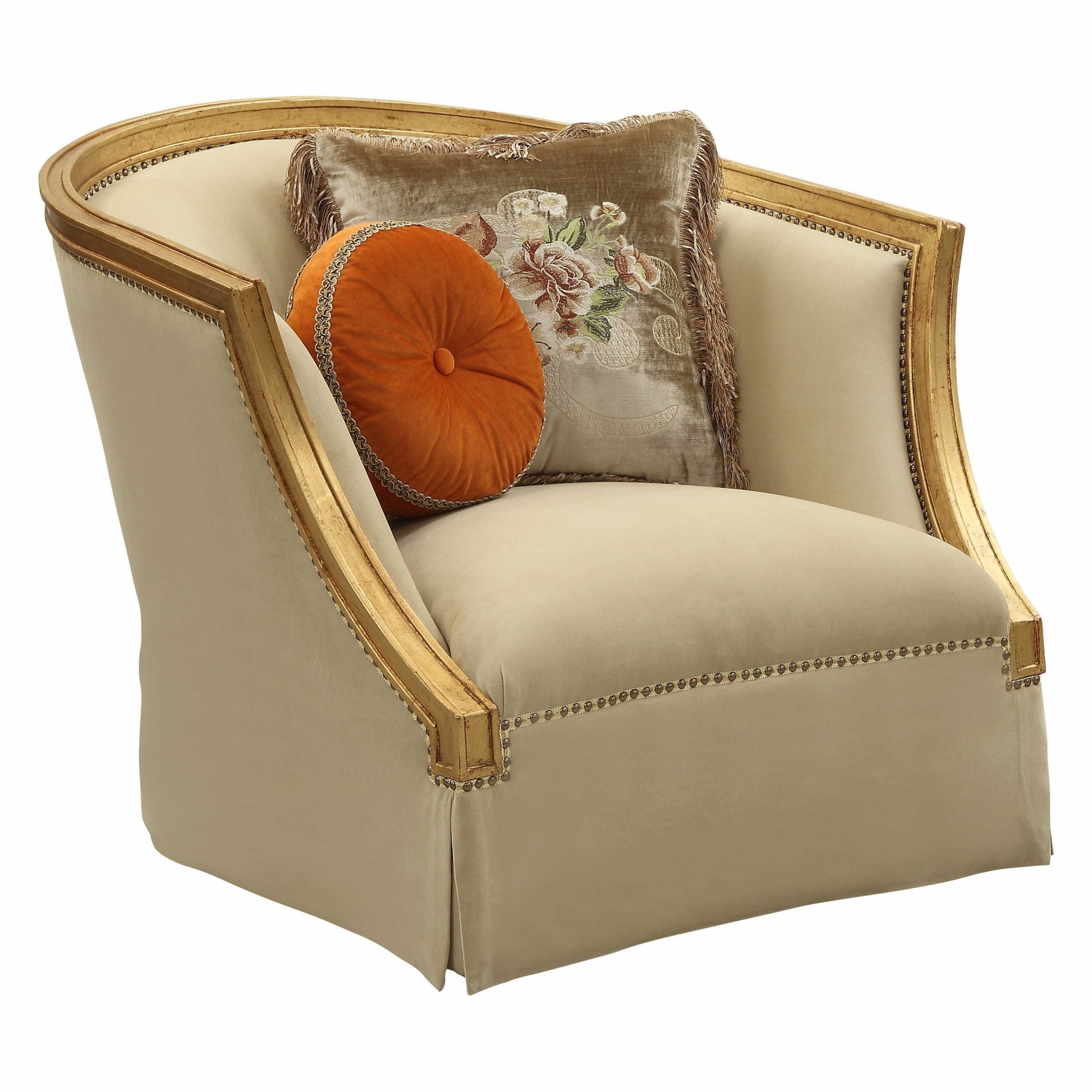 41" Tan and Gold Distressed Club Chair And Toss Pillows-Accent Chairs-DECOROLALA