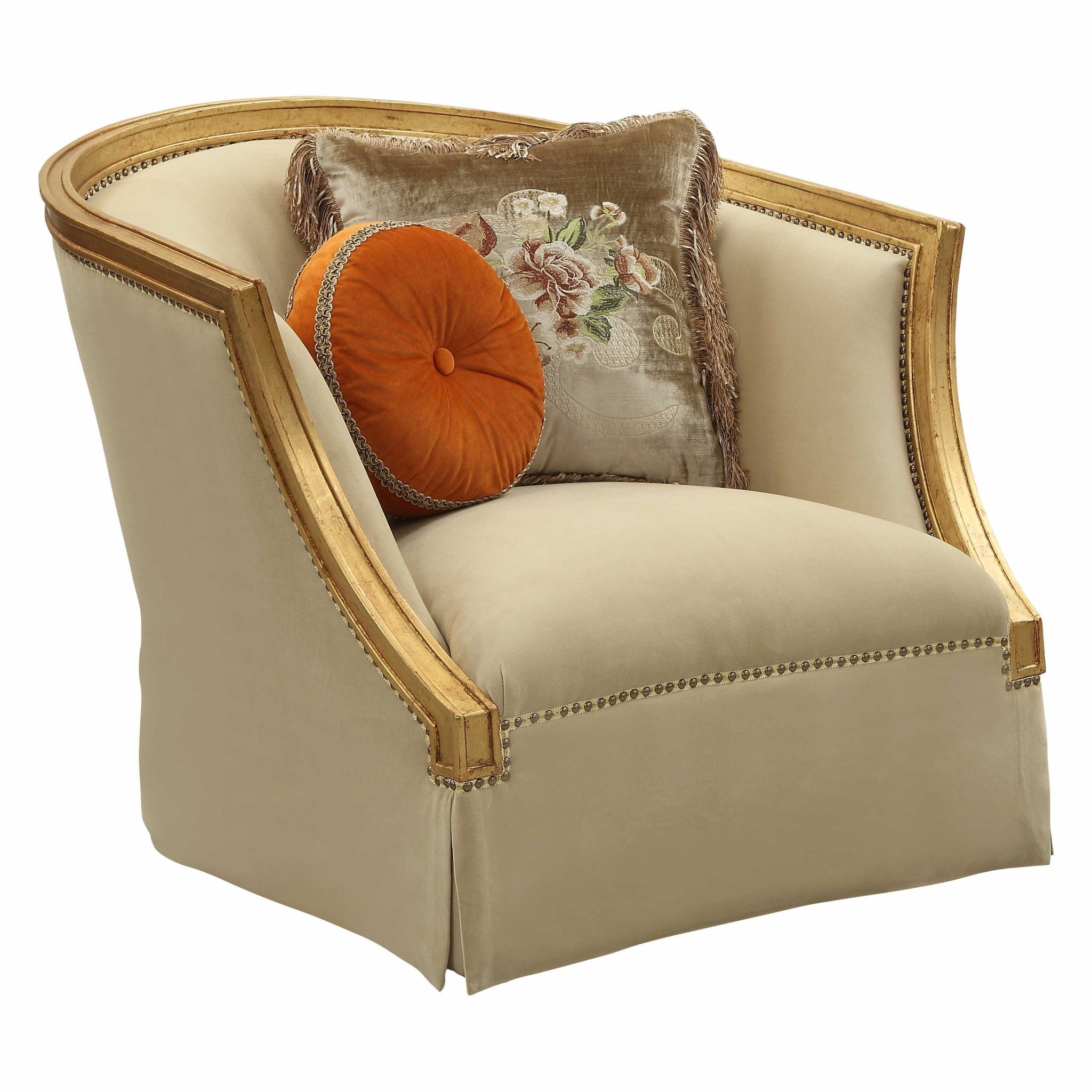 41" Tan and Gold Distressed Club Chair And Toss Pillows-Accent Chairs-DECOROLALA