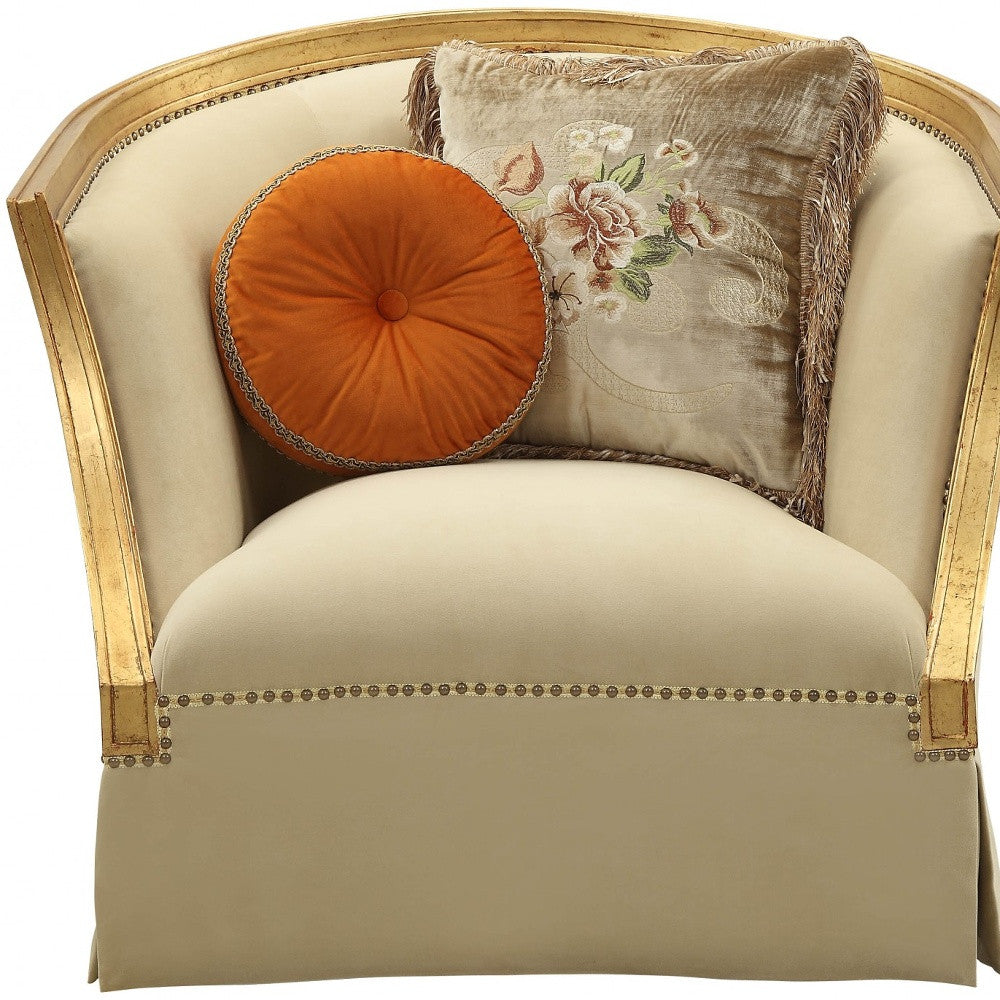 41" Tan and Gold Distressed Club Chair And Toss Pillows-Accent Chairs-DECOROLALA