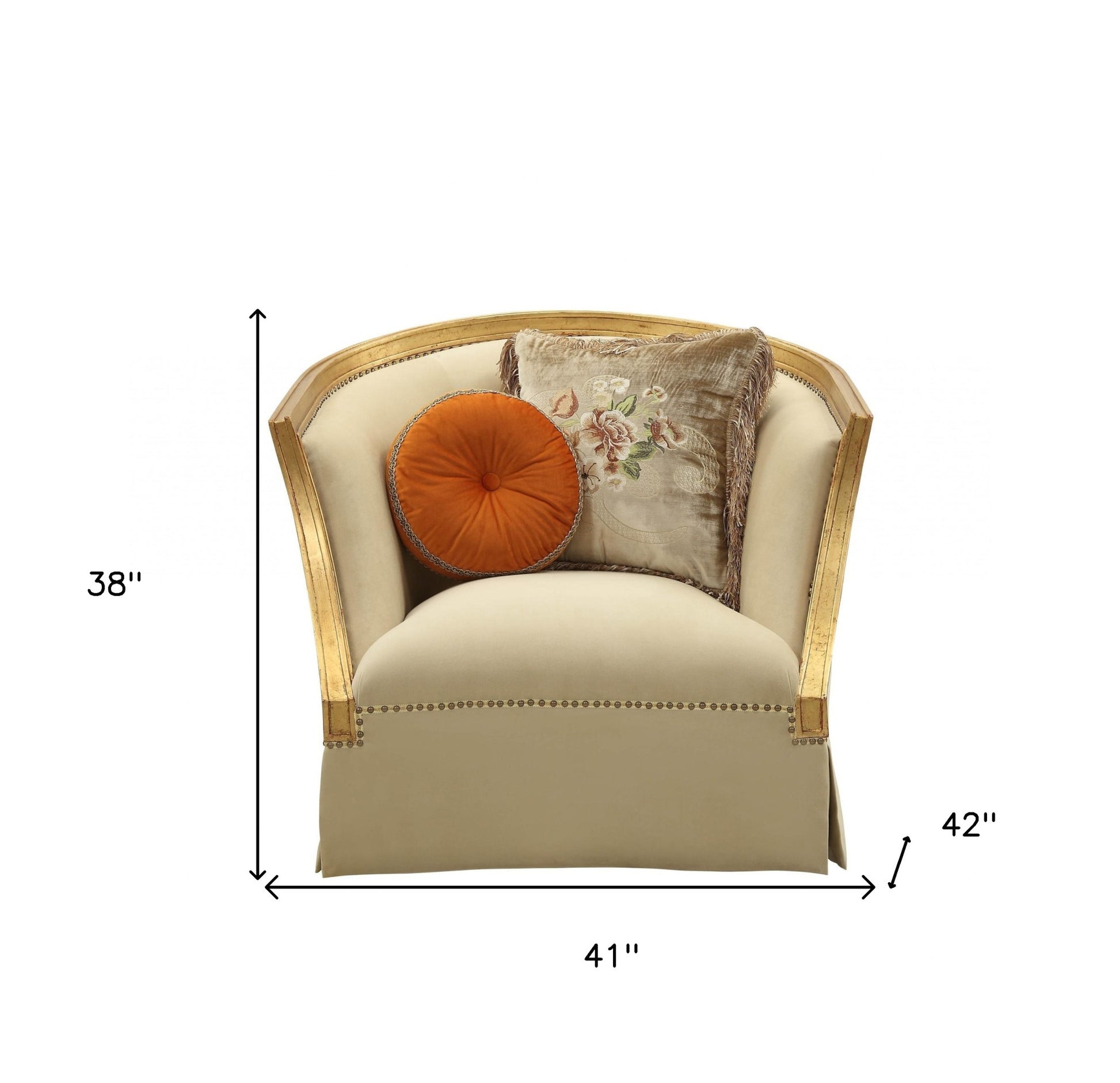 41" Tan and Gold Distressed Club Chair And Toss Pillows-Accent Chairs-DECOROLALA