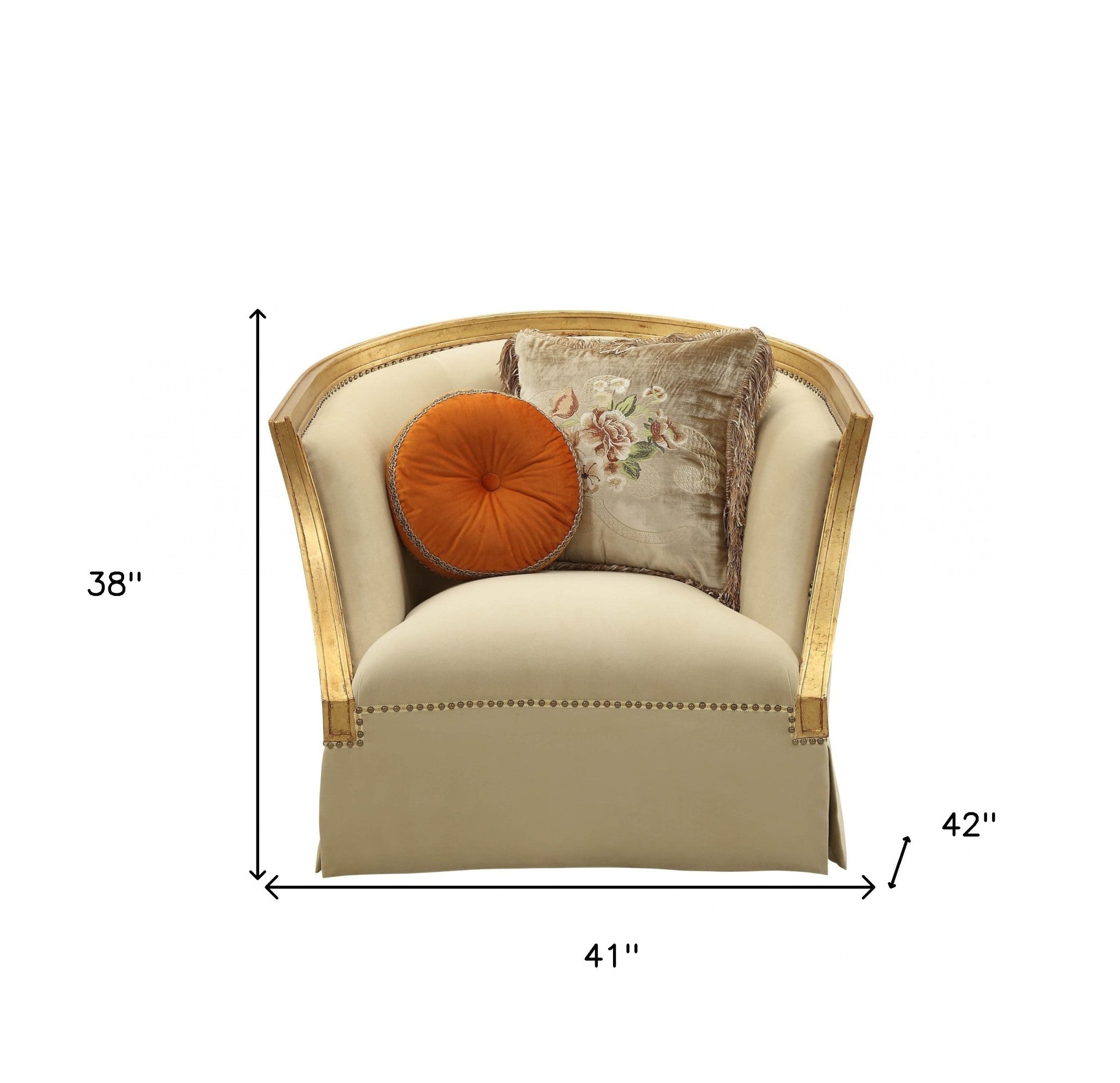 41" Tan and Gold Distressed Club Chair And Toss Pillows-Accent Chairs-DECOROLALA