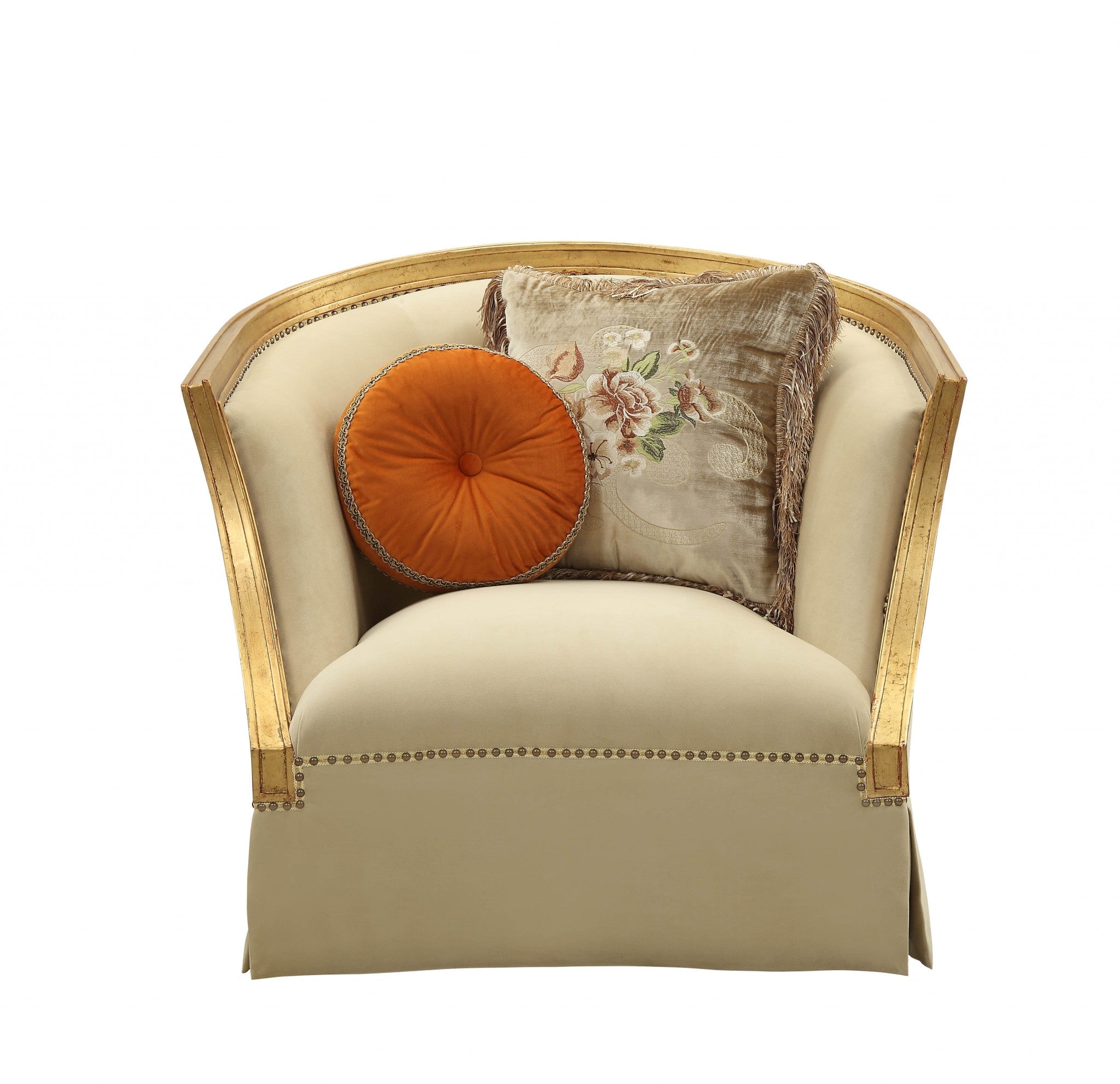 41" Tan and Gold Distressed Club Chair And Toss Pillows-Accent Chairs-DECOROLALA