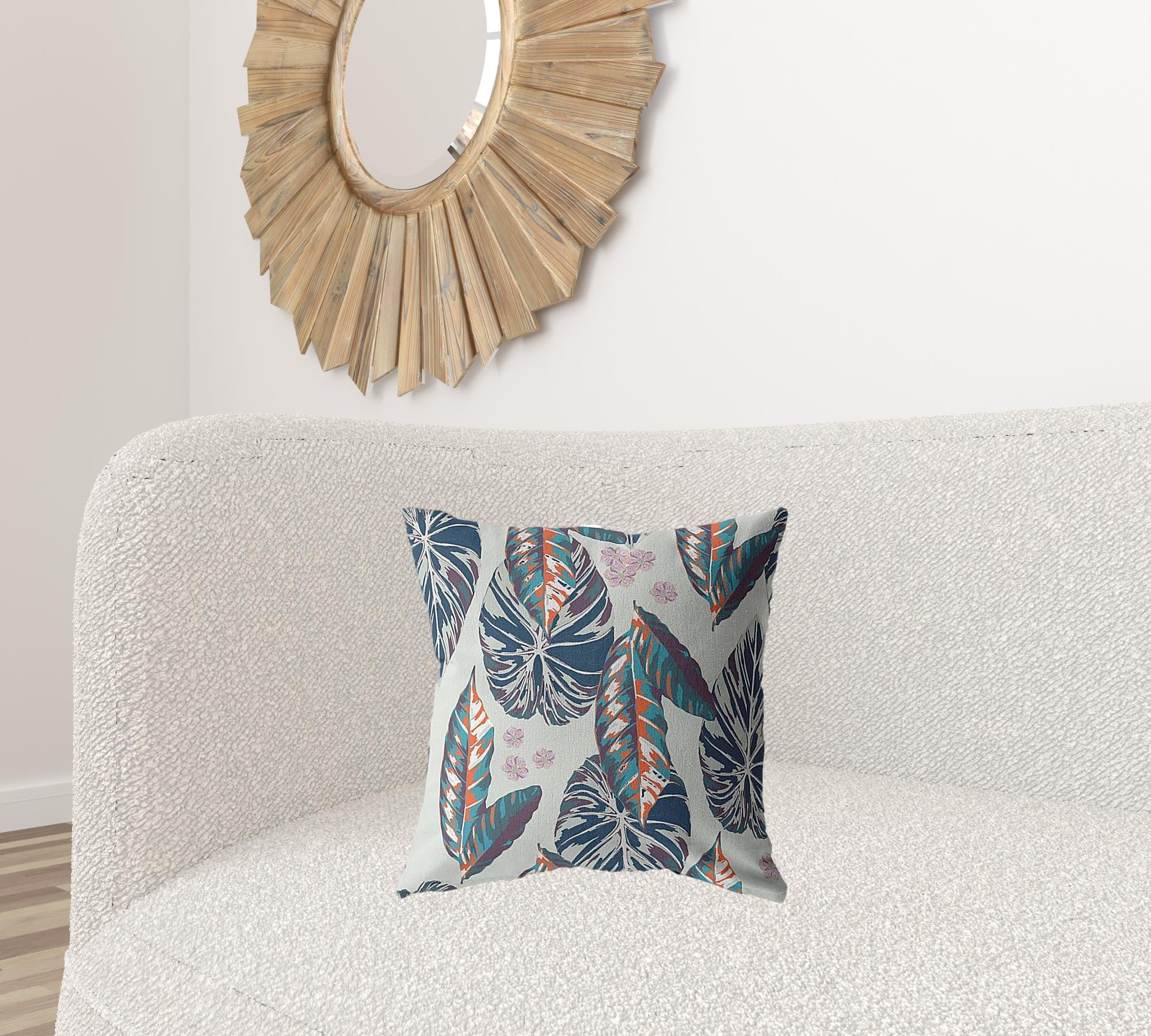 18” Blue Gray Tropical Leaf Zippered Suede Throw Pillow-Accent Throw Pillows-DECOROLALA