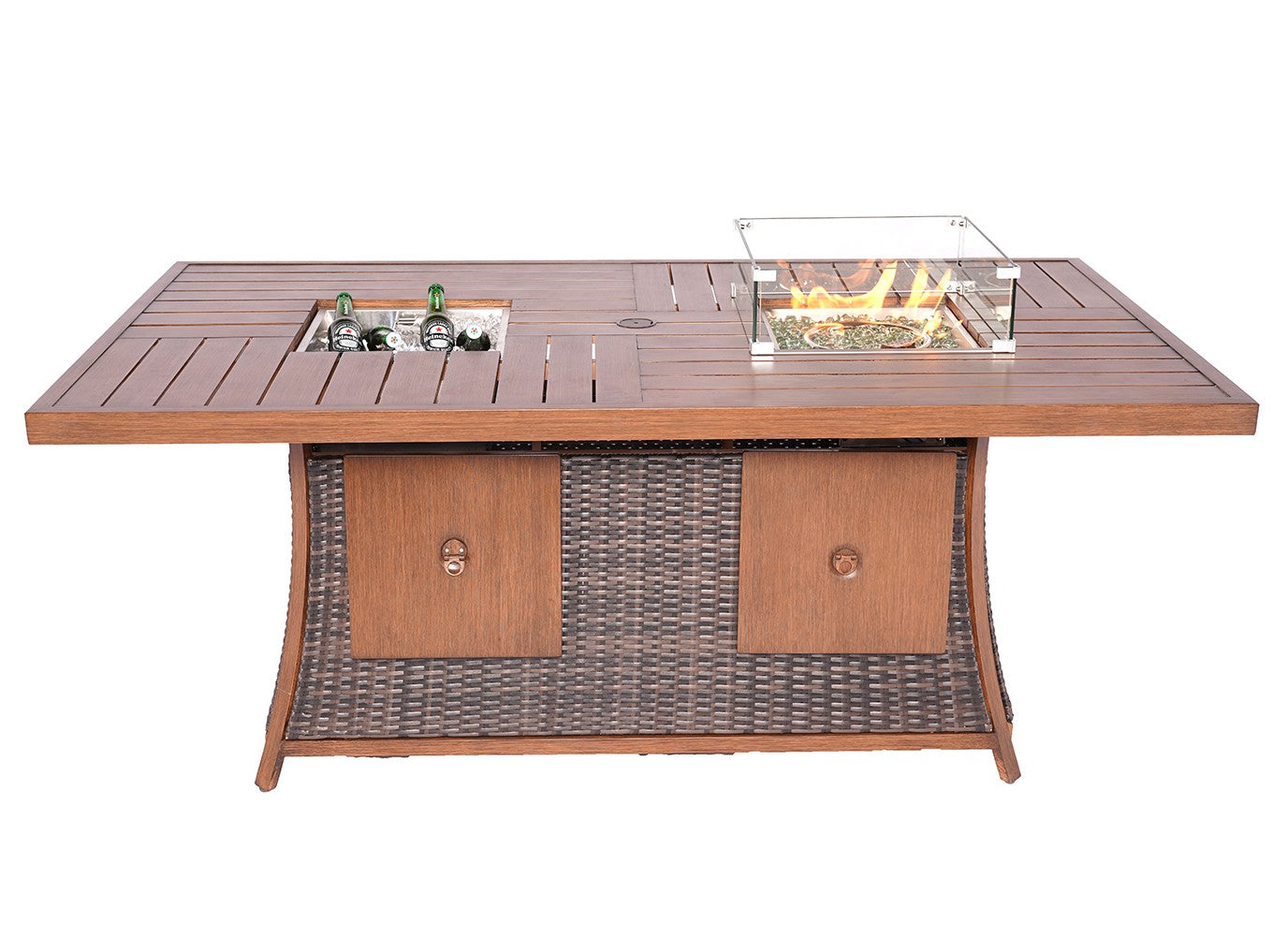 Brown Wicker Outdoor Gas Fire Pit Table with Ice Bucket-Outdoor Tables-DECOROLALA
