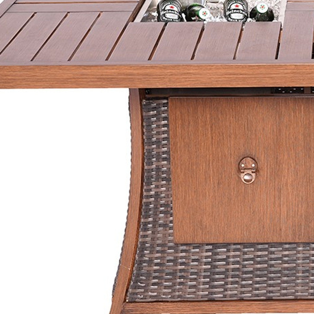 Brown Wicker Outdoor Gas Fire Pit Table with Ice Bucket-Outdoor Tables-DECOROLALA