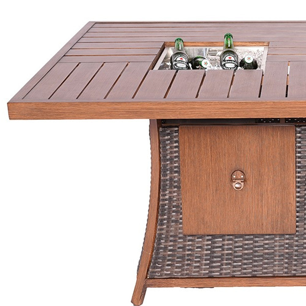 Brown Wicker Outdoor Gas Fire Pit Table with Ice Bucket-Outdoor Tables-DECOROLALA