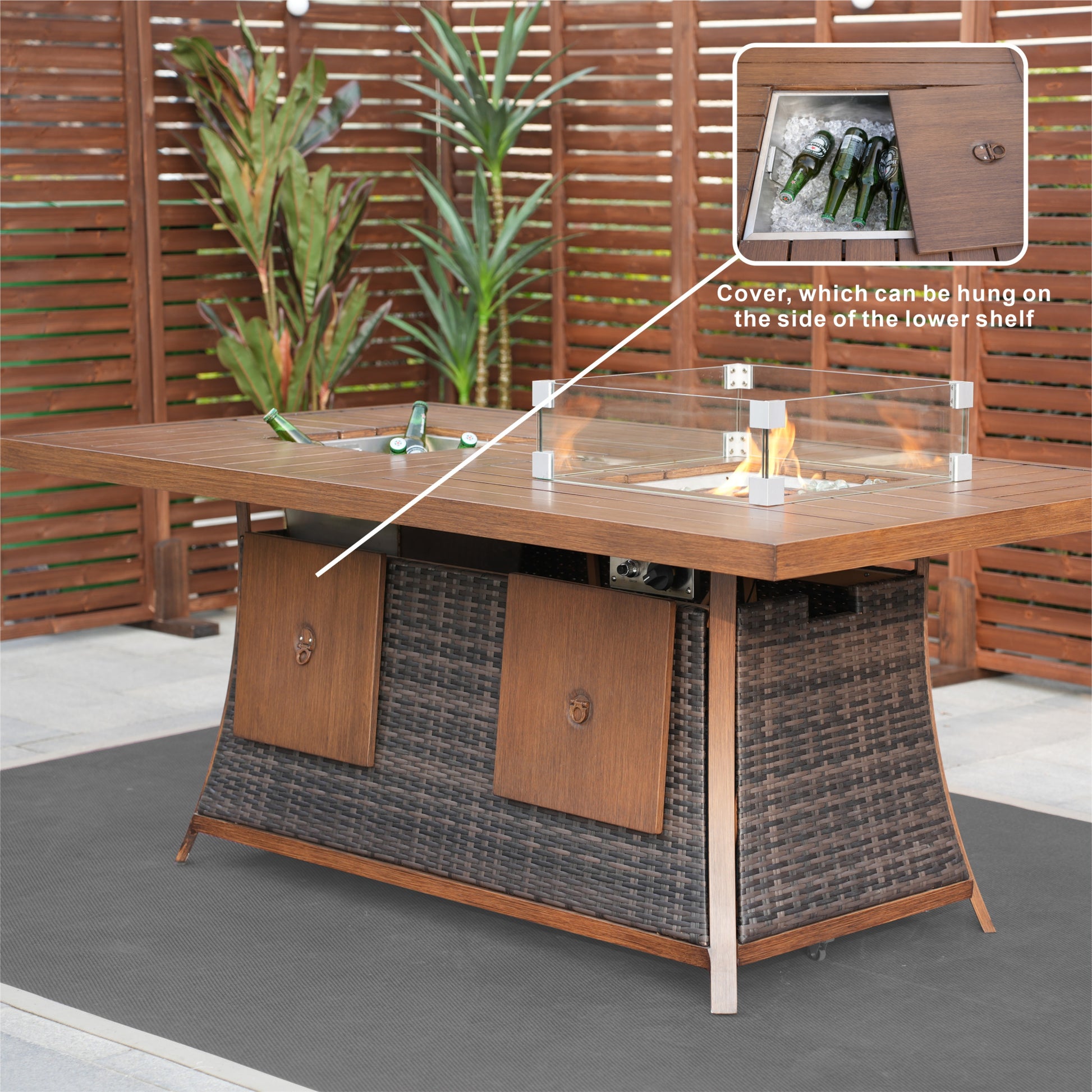 Brown Wicker Outdoor Gas Fire Pit Table with Ice Bucket-Outdoor Tables-DECOROLALA