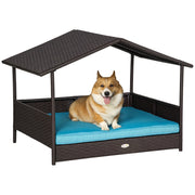 Rattan Dog House with Canopy, Wicker Dog Bed with Water-Resistant Cushion, for Small and Medium Breeds Blue