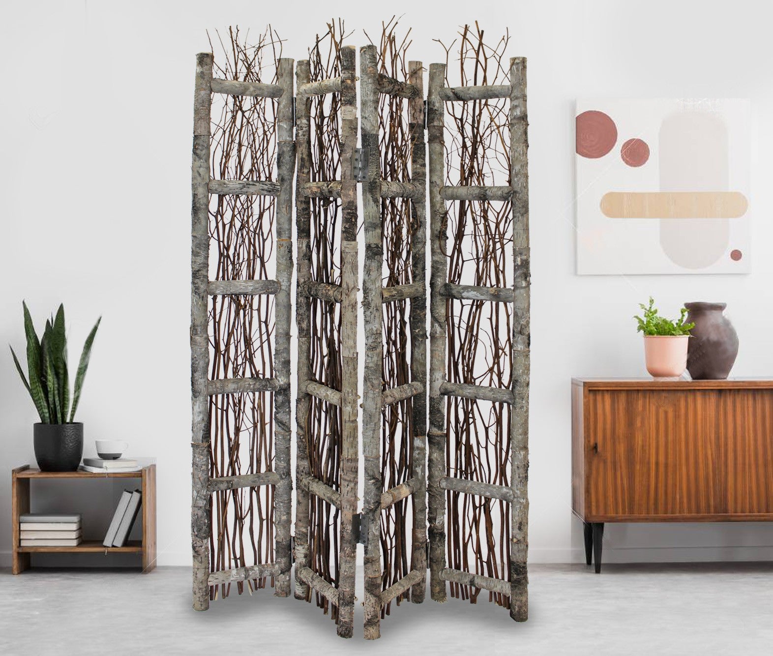 Earthy Birch and Twig Four Panel Room Divider Screen-Room Dividers-DECOROLALA