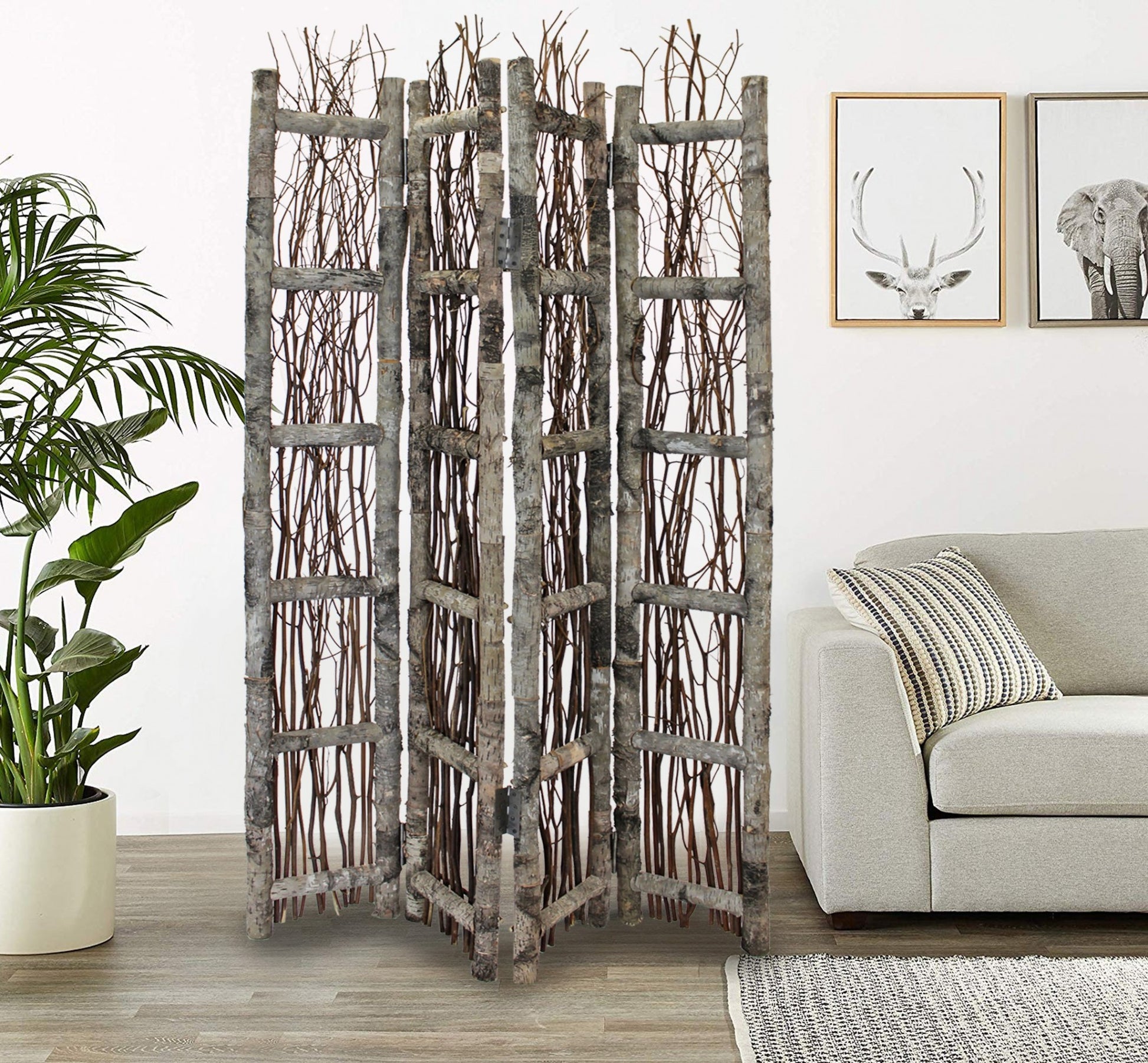 Earthy Birch and Twig Four Panel Room Divider Screen-Room Dividers-DECOROLALA