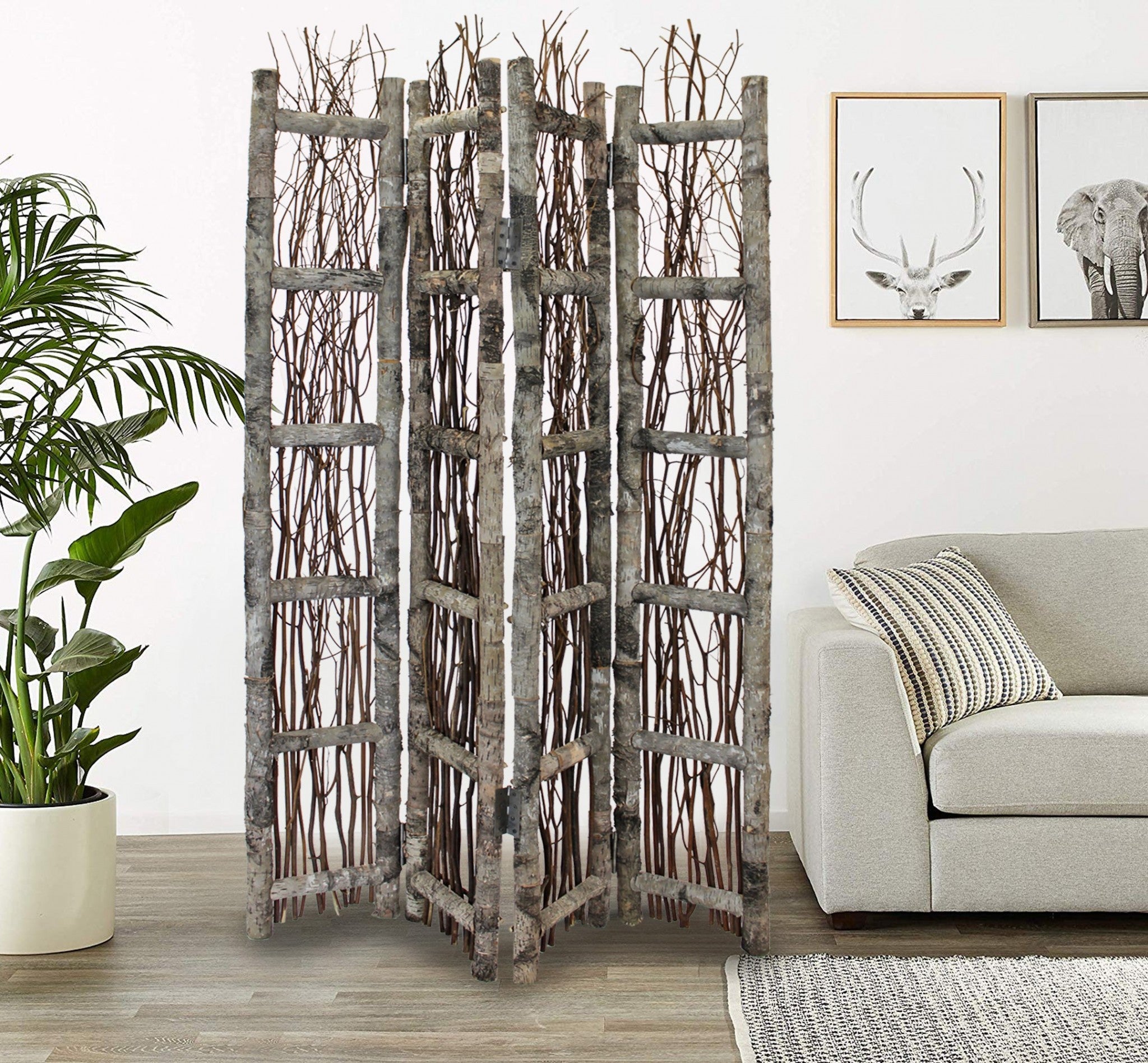 Earthy Birch and Twig Four Panel Room Divider Screen-Room Dividers-DECOROLALA