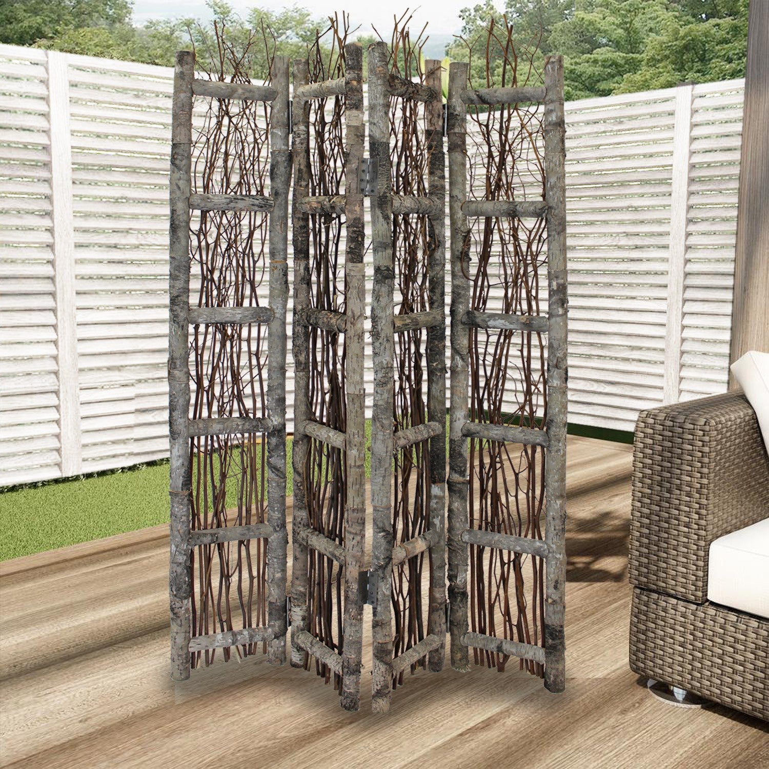 Earthy Birch and Twig Four Panel Room Divider Screen-Room Dividers-DECOROLALA