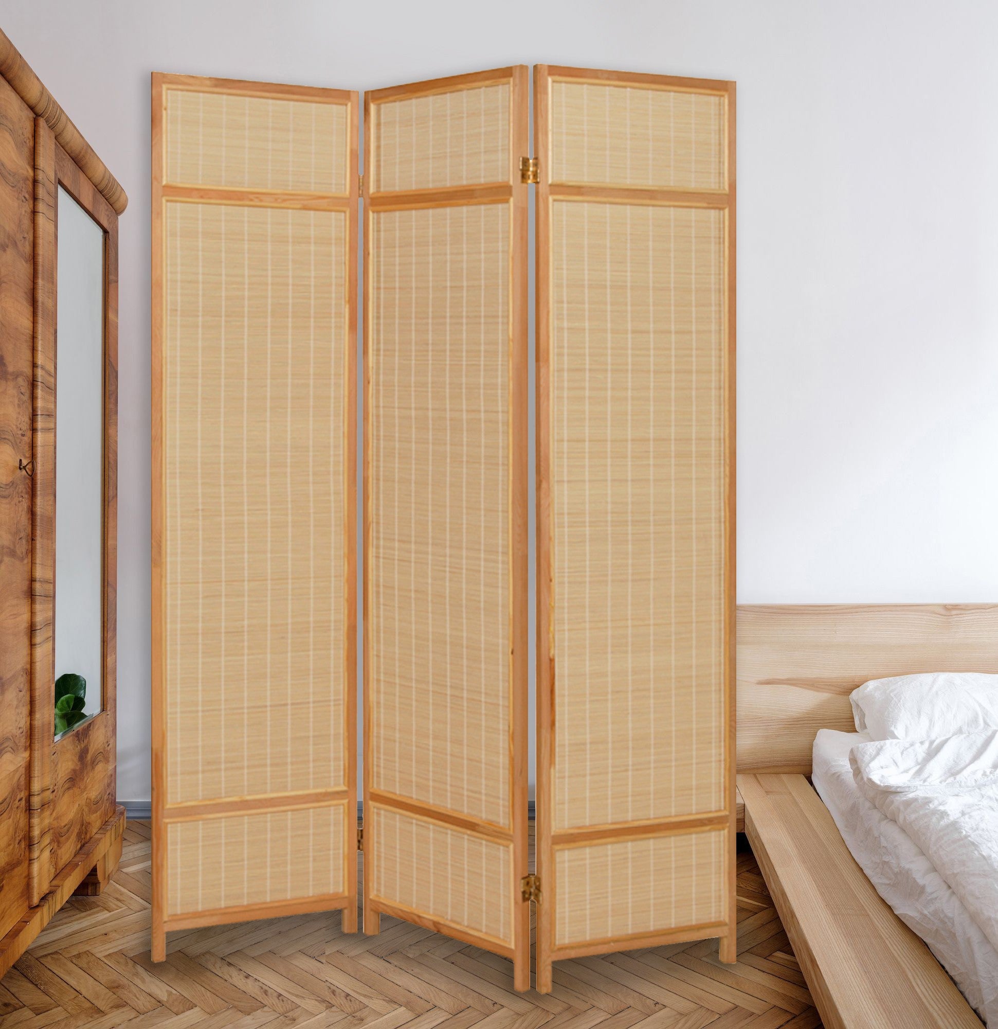 Natural Brown Bamboo Three Panel Room Divider Screen-Room Dividers-DECOROLALA
