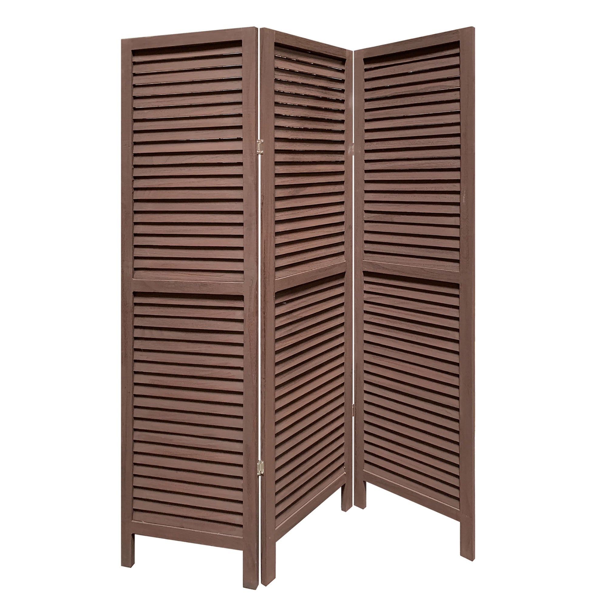 Stylish Three Panel Washed Brown Shutter Divider Screen-Room Dividers-DECOROLALA