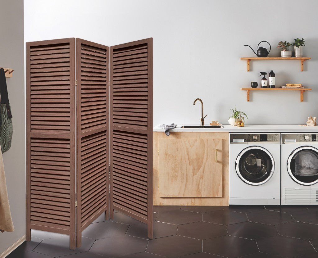 Stylish Three Panel Washed Brown Shutter Divider Screen-Room Dividers-DECOROLALA