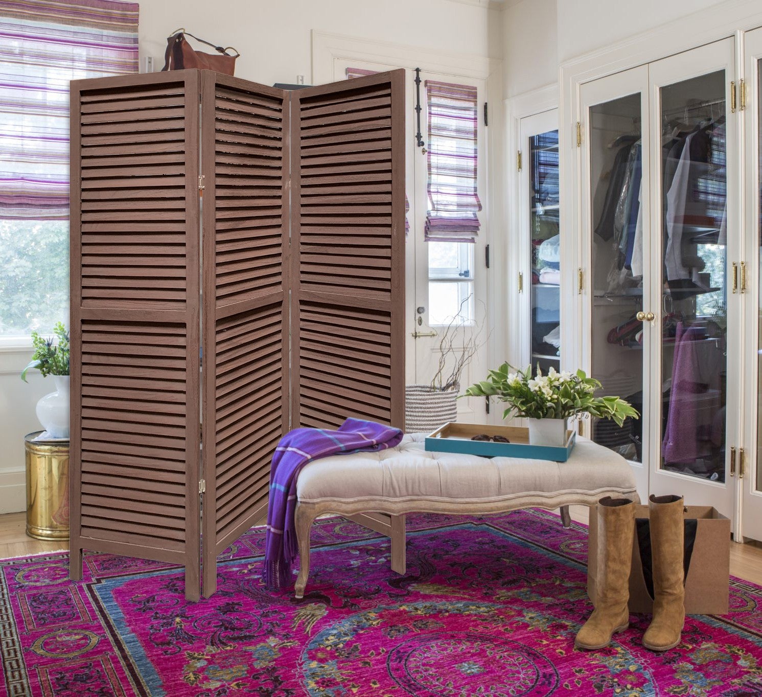 Stylish Three Panel Washed Brown Shutter Divider Screen-Room Dividers-DECOROLALA