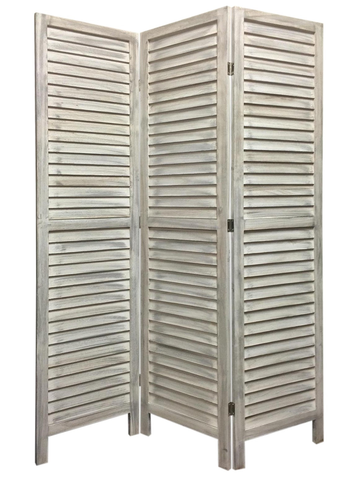 Stylish Three Panel Washed White Shutter Divider Screen-Room Dividers-DECOROLALA