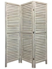 Stylish Three Panel Washed White Shutter Divider Screen-Room Dividers-DECOROLALA