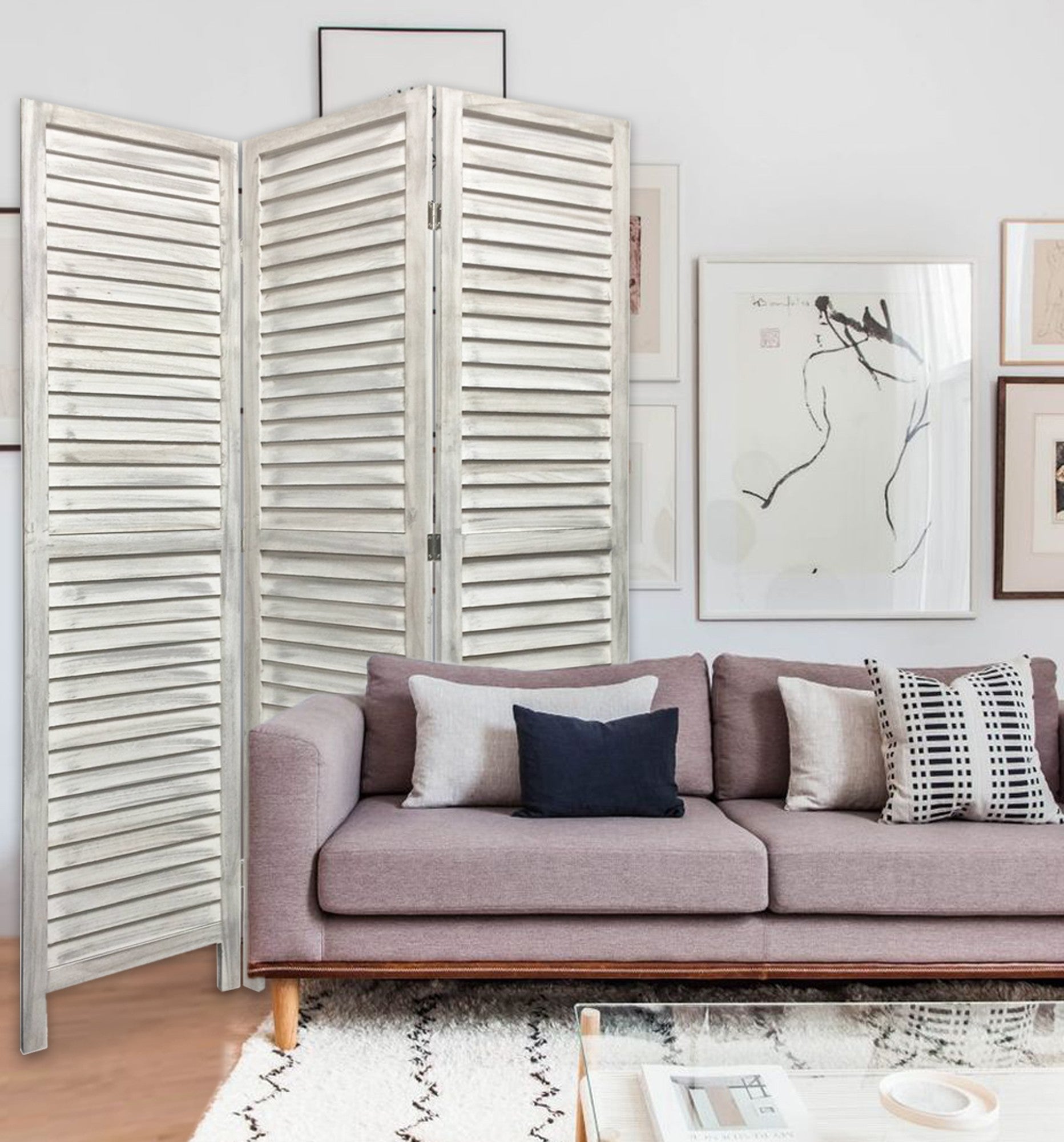 Stylish Three Panel Washed White Shutter Divider Screen-Room Dividers-DECOROLALA