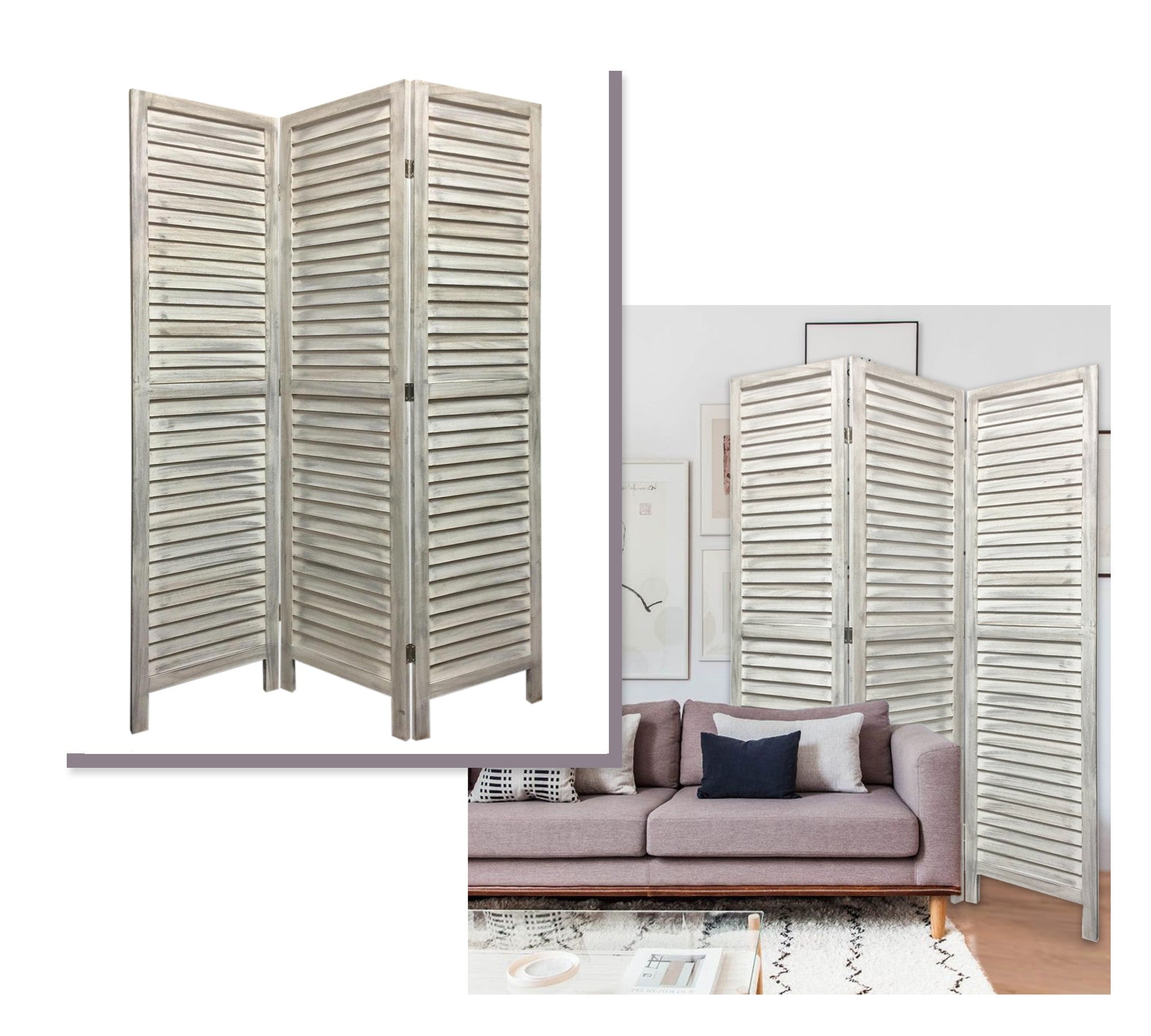 Stylish Three Panel Washed White Shutter Divider Screen-Room Dividers-DECOROLALA