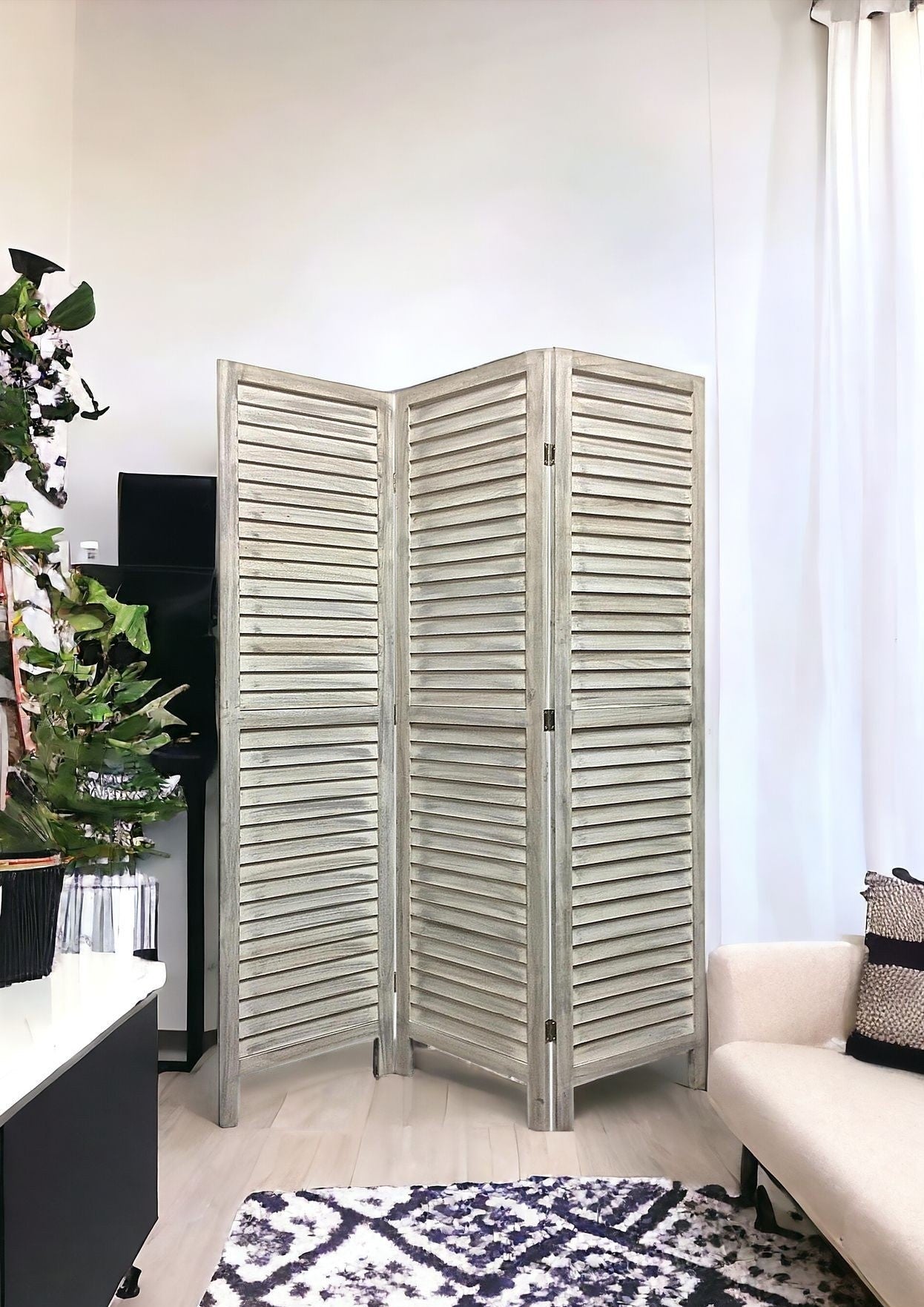 Stylish Three Panel Washed White Shutter Divider Screen-Room Dividers-DECOROLALA