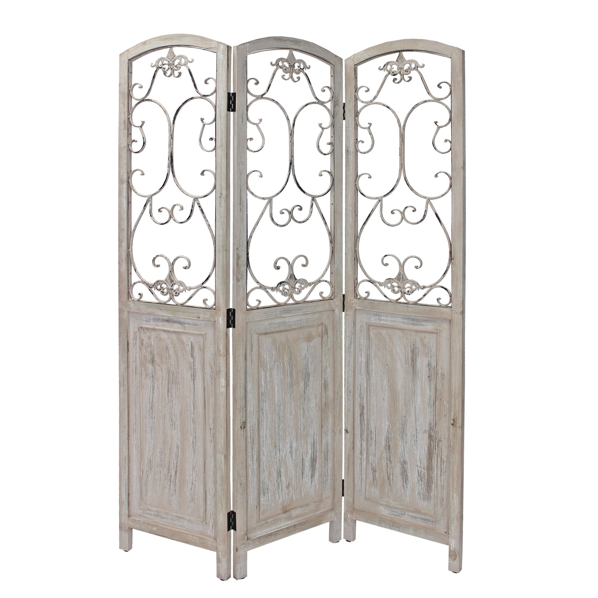 Romantic Whitewashed Scroll Three Panel Room Divider Screen-Room Dividers-DECOROLALA