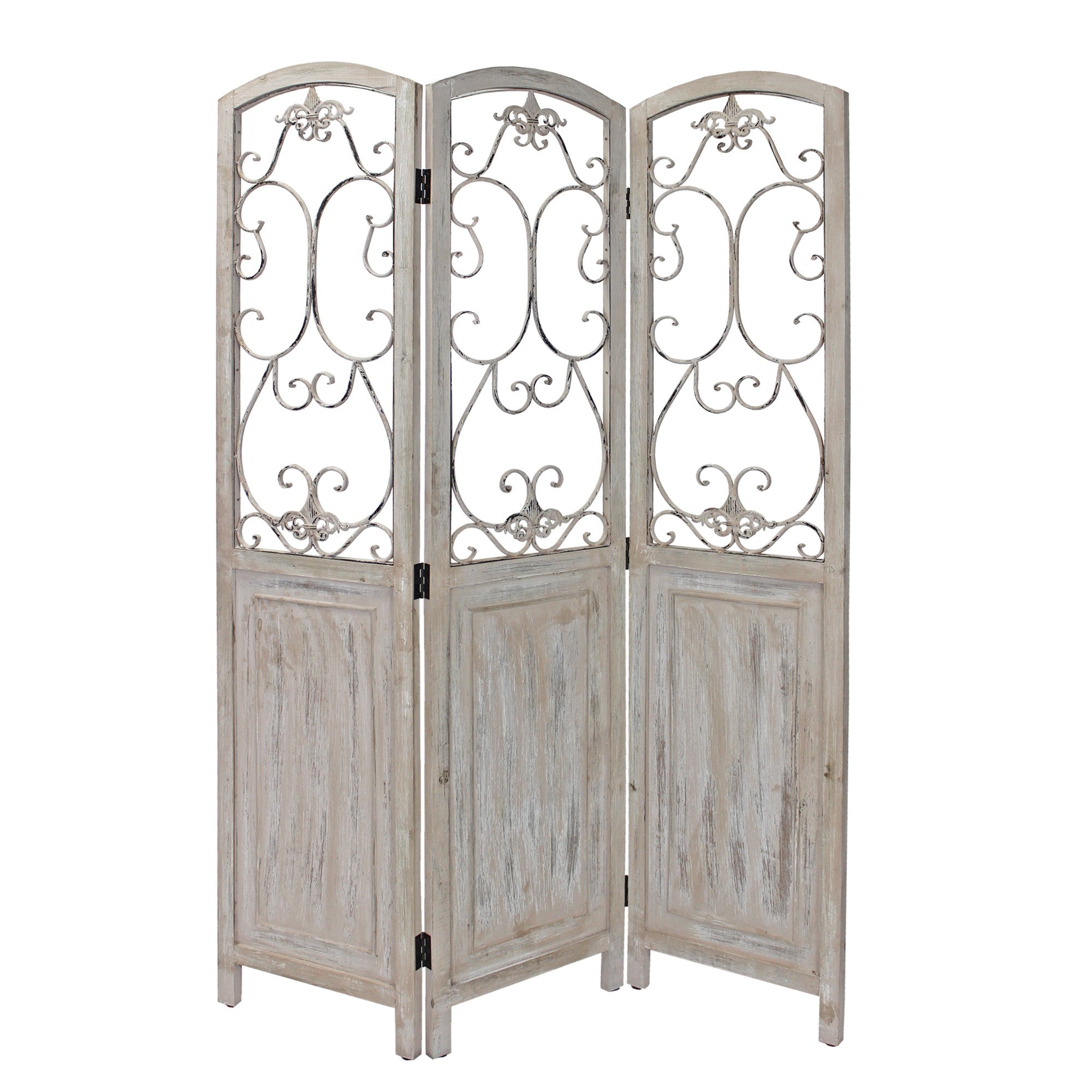 Romantic Whitewashed Scroll Three Panel Room Divider Screen-Room Dividers-DECOROLALA