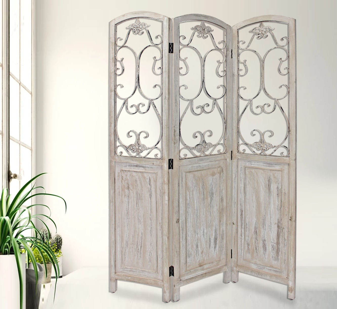 Romantic Whitewashed Scroll Three Panel Room Divider Screen-Room Dividers-DECOROLALA