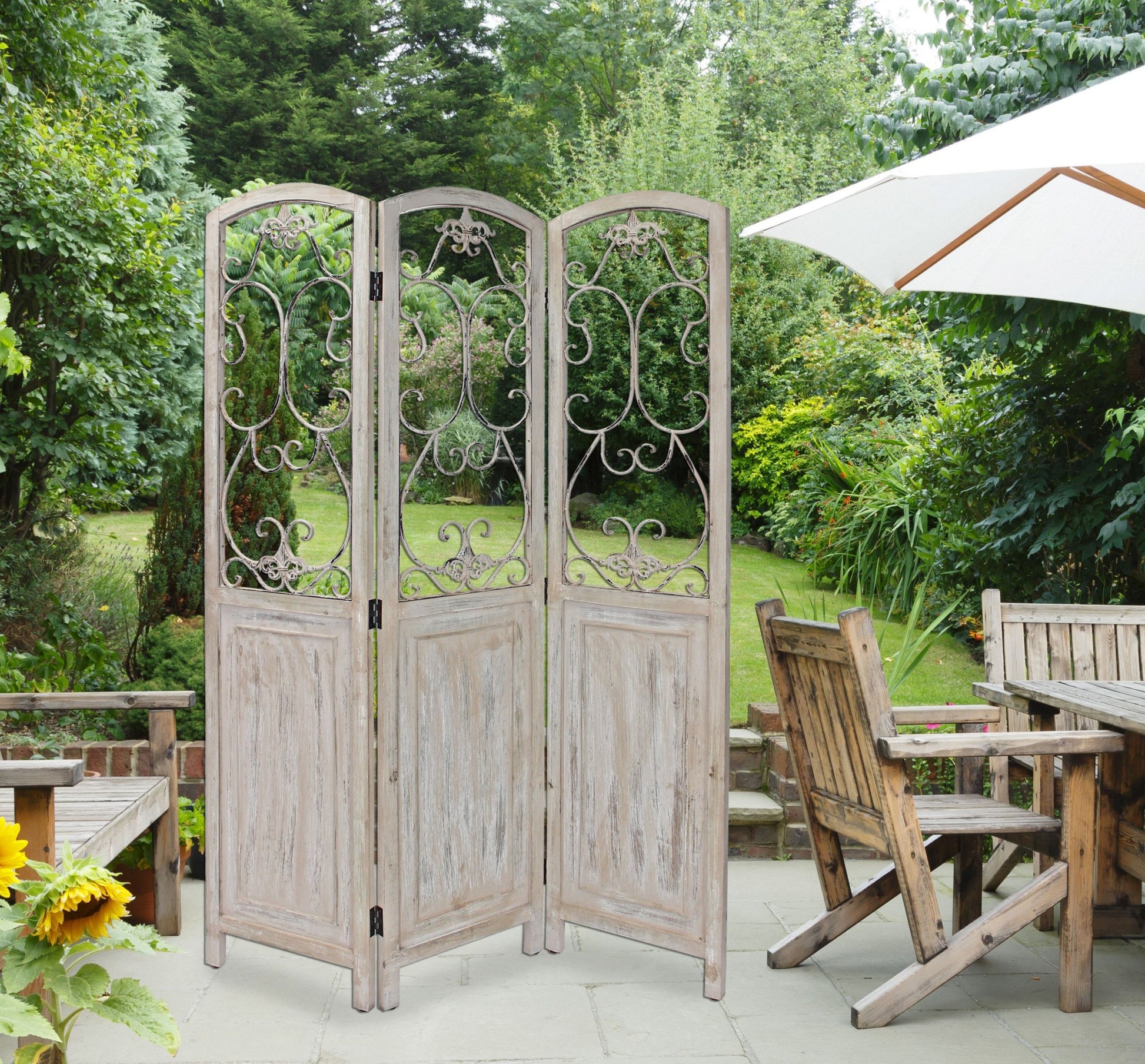 Romantic Whitewashed Scroll Three Panel Room Divider Screen-Room Dividers-DECOROLALA