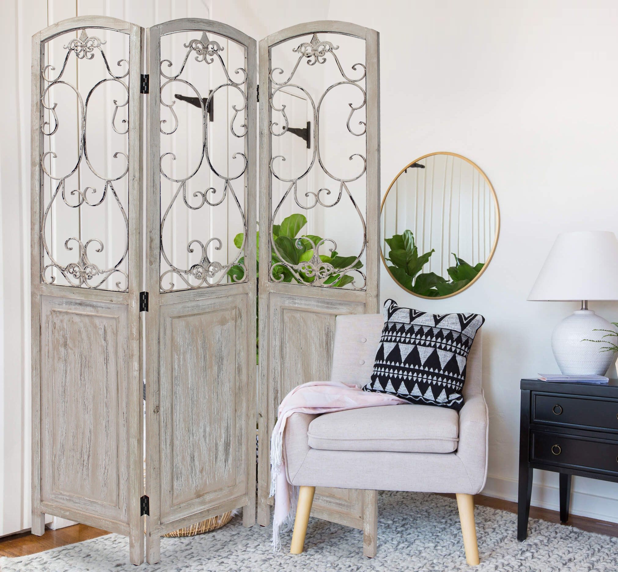 Romantic Whitewashed Scroll Three Panel Room Divider Screen-Room Dividers-DECOROLALA