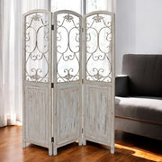 Romantic Whitewashed Scroll Three Panel Room Divider Screen-Room Dividers-DECOROLALA