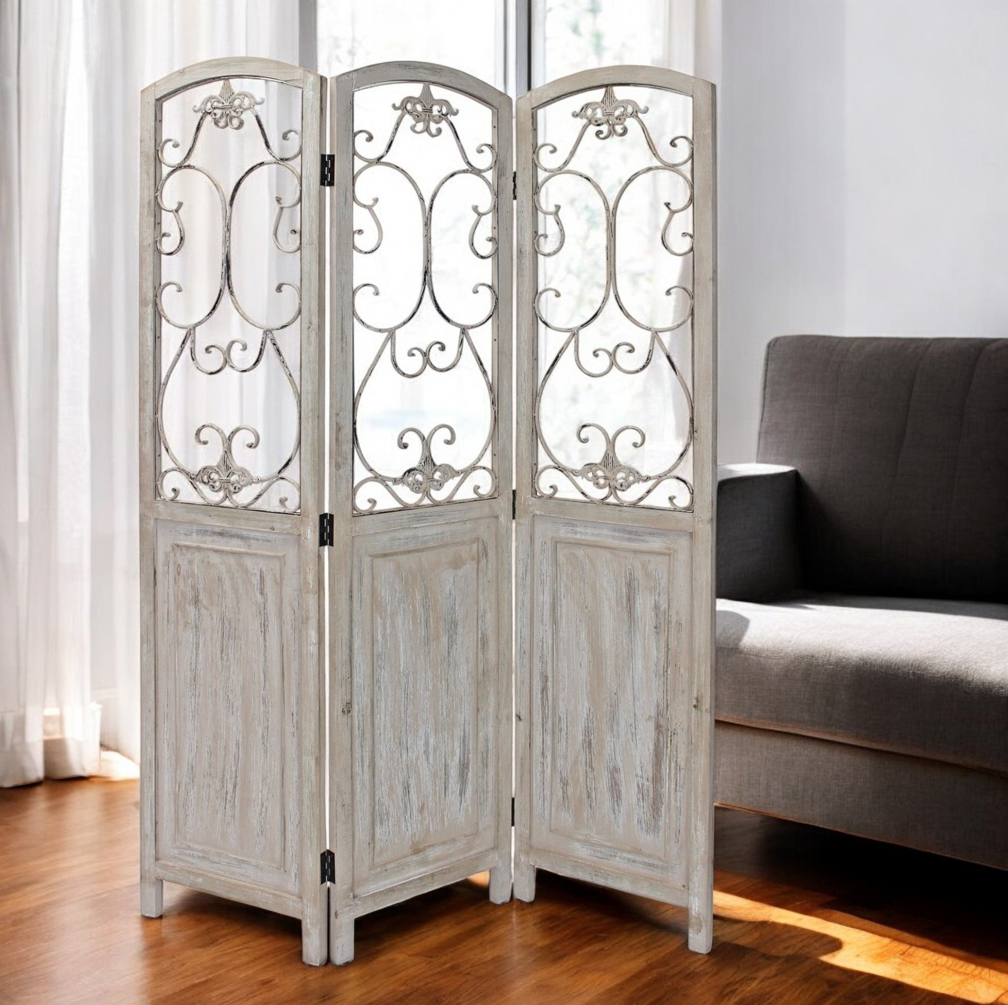 Romantic Whitewashed Scroll Three Panel Room Divider Screen-Room Dividers-DECOROLALA