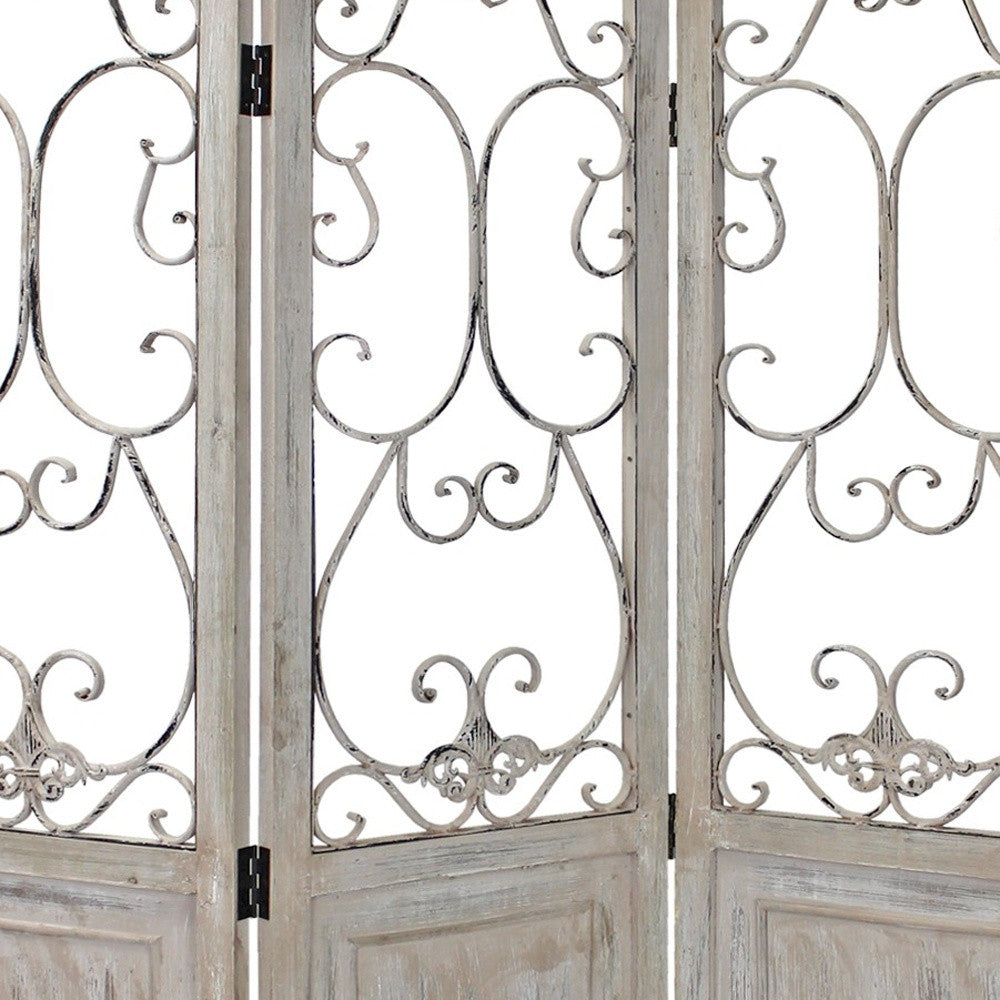 Romantic Whitewashed Scroll Three Panel Room Divider Screen-Room Dividers-DECOROLALA