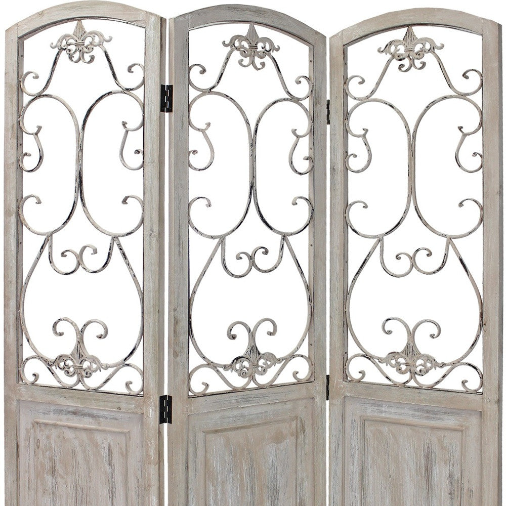 Romantic Whitewashed Scroll Three Panel Room Divider Screen-Room Dividers-DECOROLALA