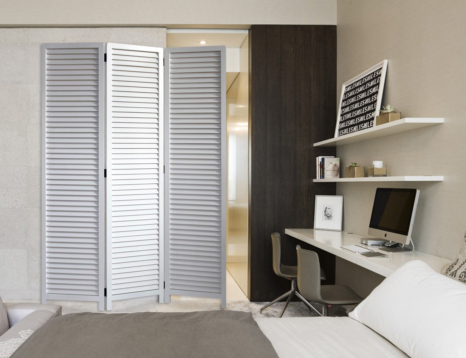 White Louvered Three Panel Room Divider Screen-Room Dividers-DECOROLALA