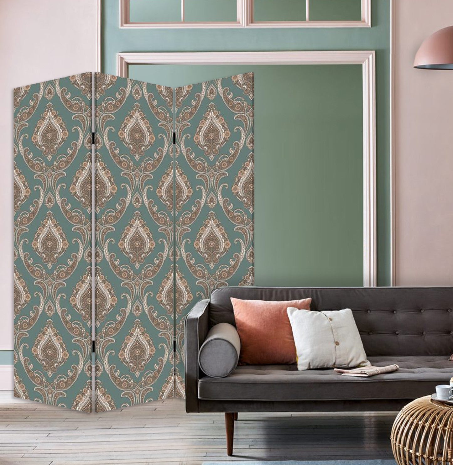 Vintage Green Baroque Three Panel Room Divider Screen-Room Dividers-DECOROLALA