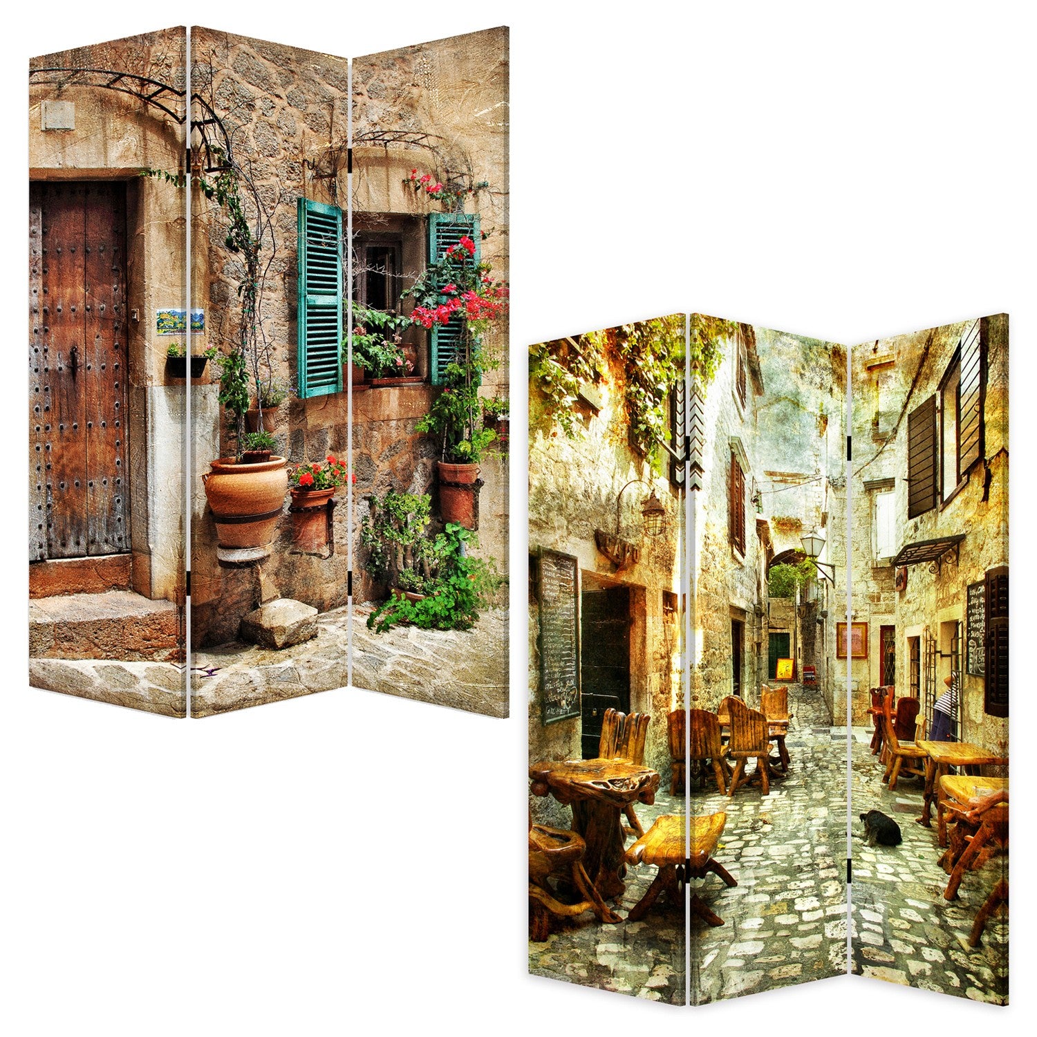 Romantic European Street Three Panel Room Divider Screen-Room Dividers-DECOROLALA