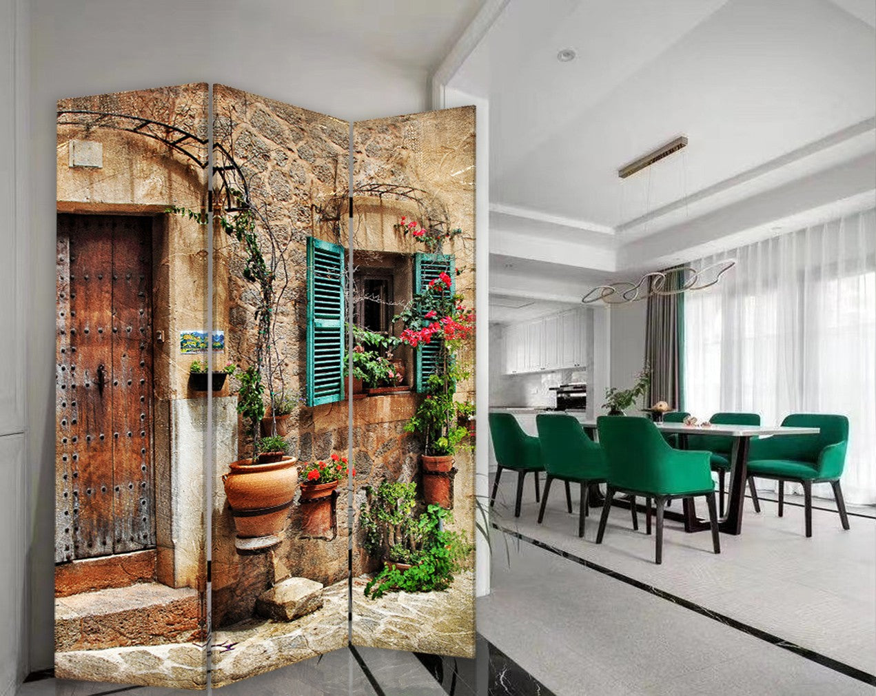 Romantic European Street Three Panel Room Divider Screen-Room Dividers-DECOROLALA