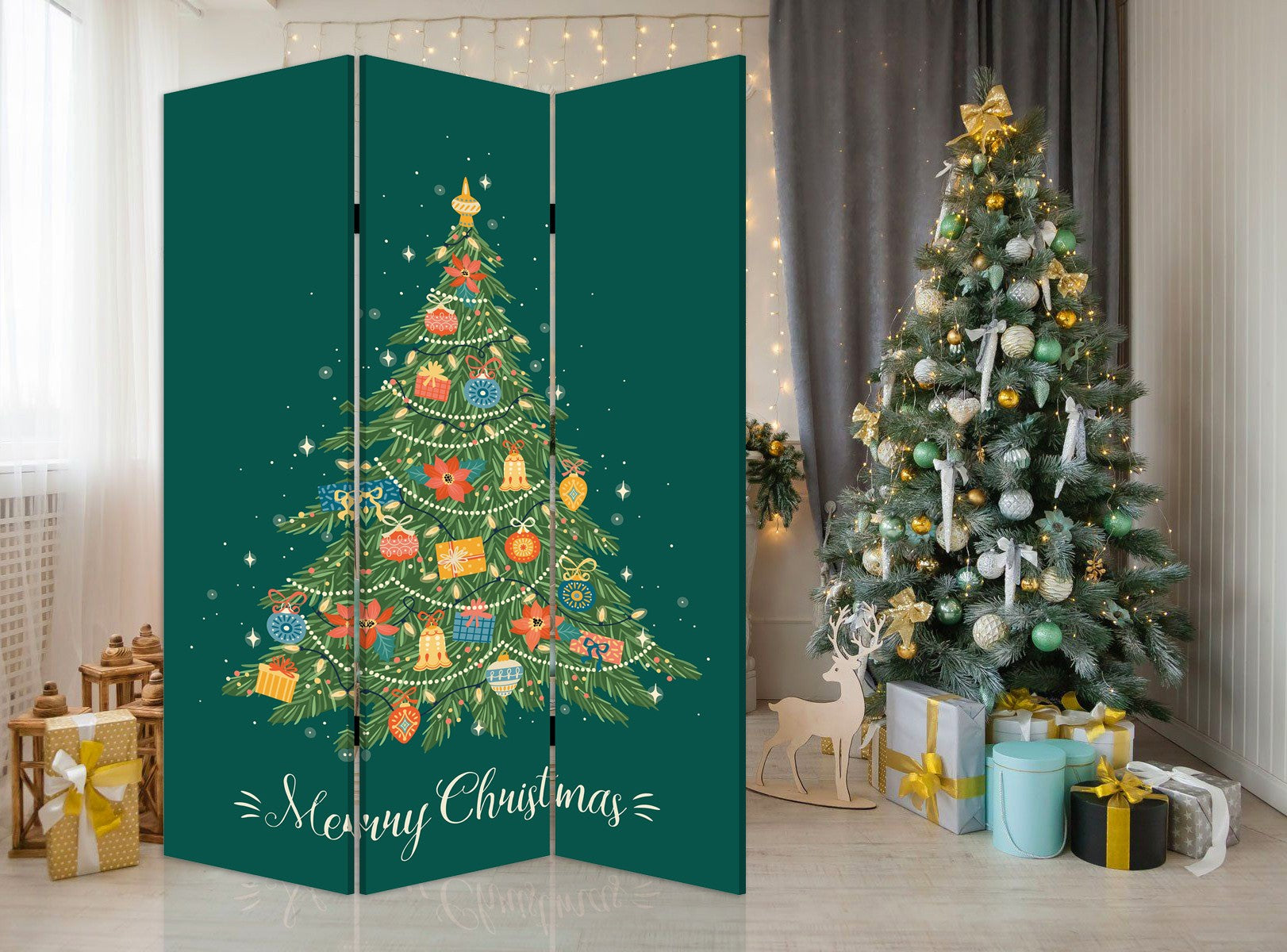 Festive Merry Christmas Three Panel Room Divider Screen-Room Dividers-DECOROLALA