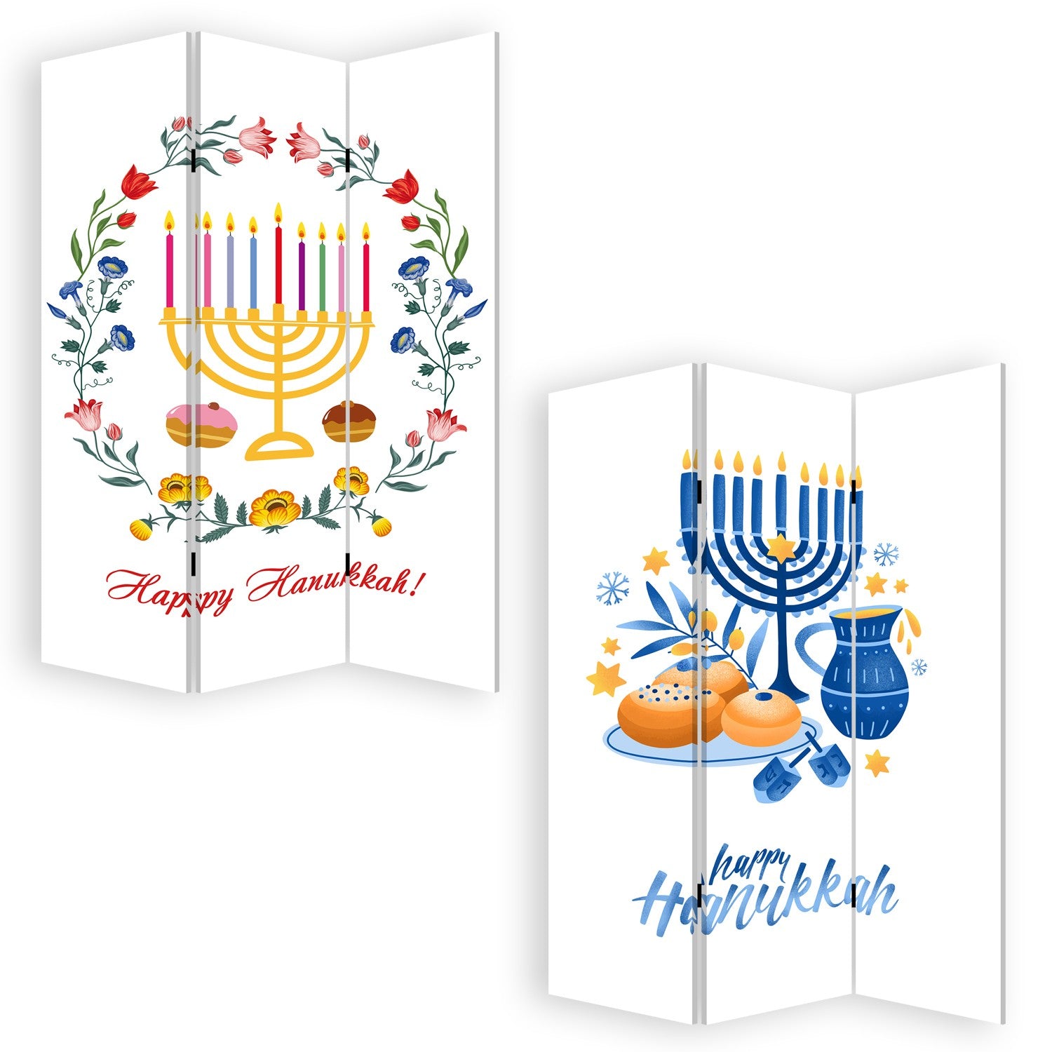Celebratory Hanukkah Three Panel Room Divider Screen-Room Dividers-DECOROLALA
