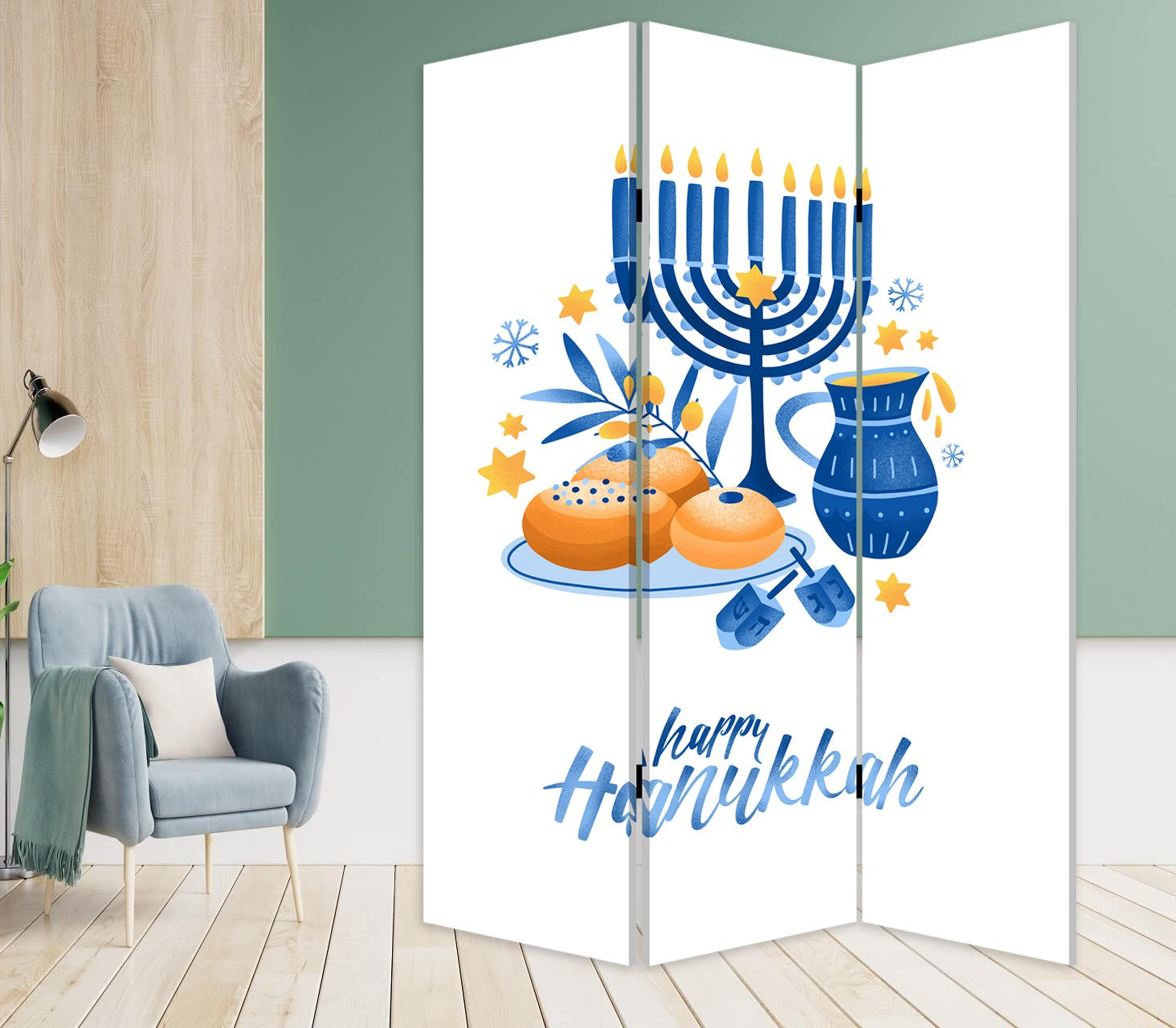 Celebratory Hanukkah Three Panel Room Divider Screen-Room Dividers-DECOROLALA